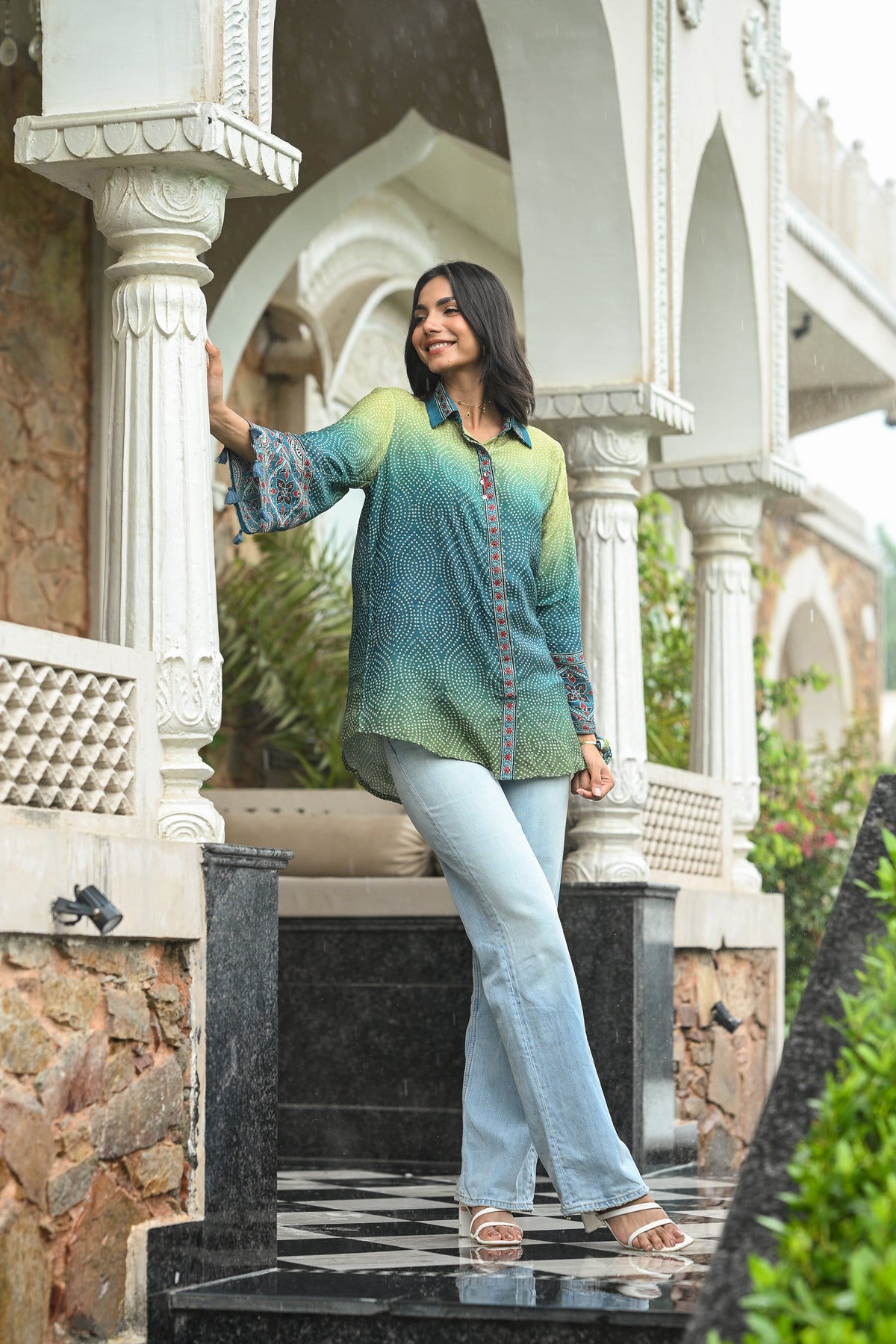 Green Ombre Bandani Zig Zag Muslin Kurta  Shirt
