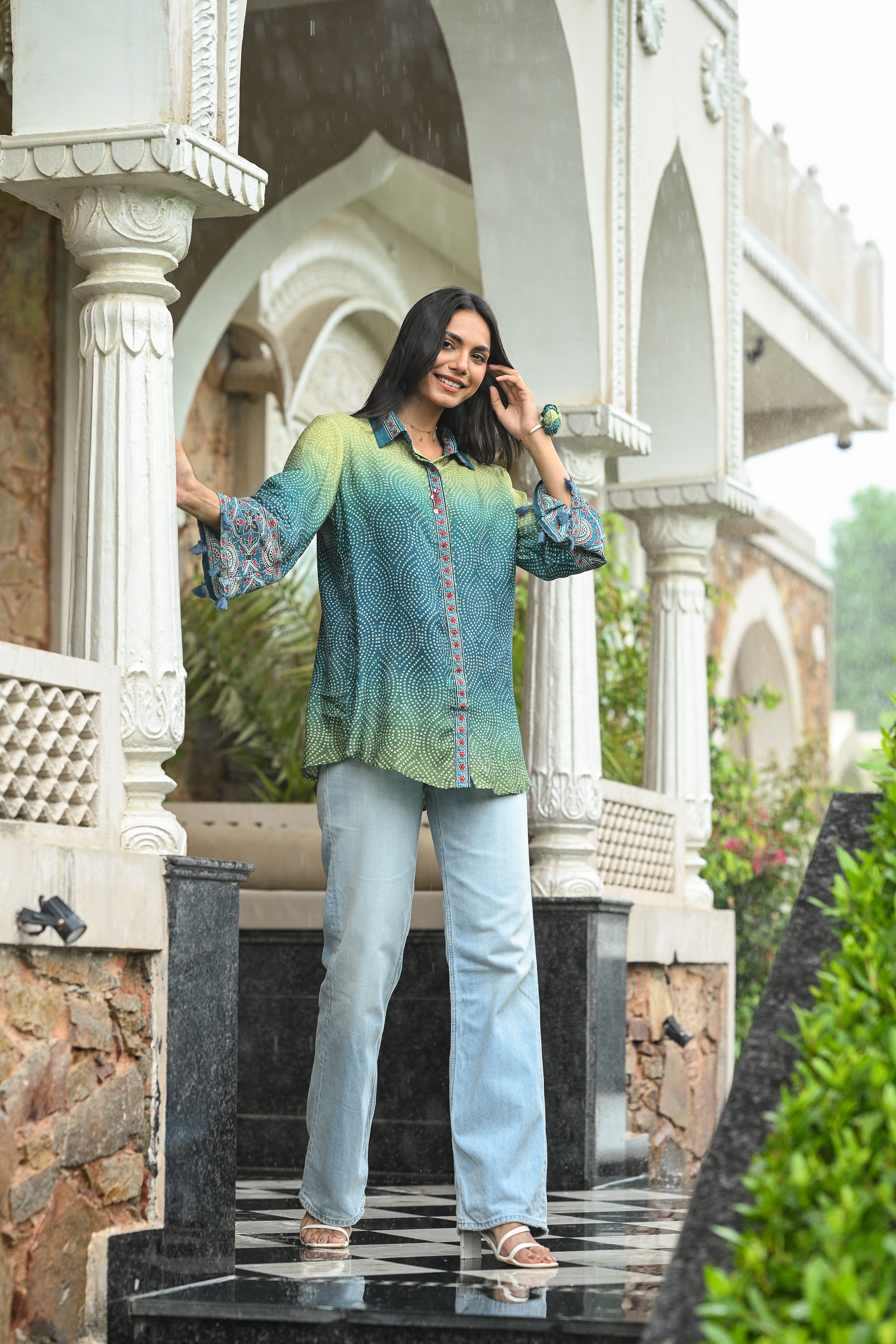Green Ombre Bandani Zig Zag Muslin Kurta  Shirt