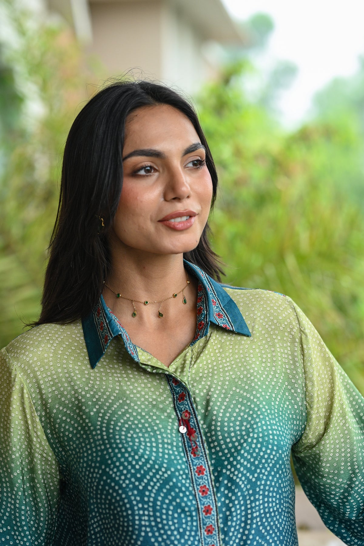 Green Ombre Bandani Zig Zag Muslin Kurta  Shirt