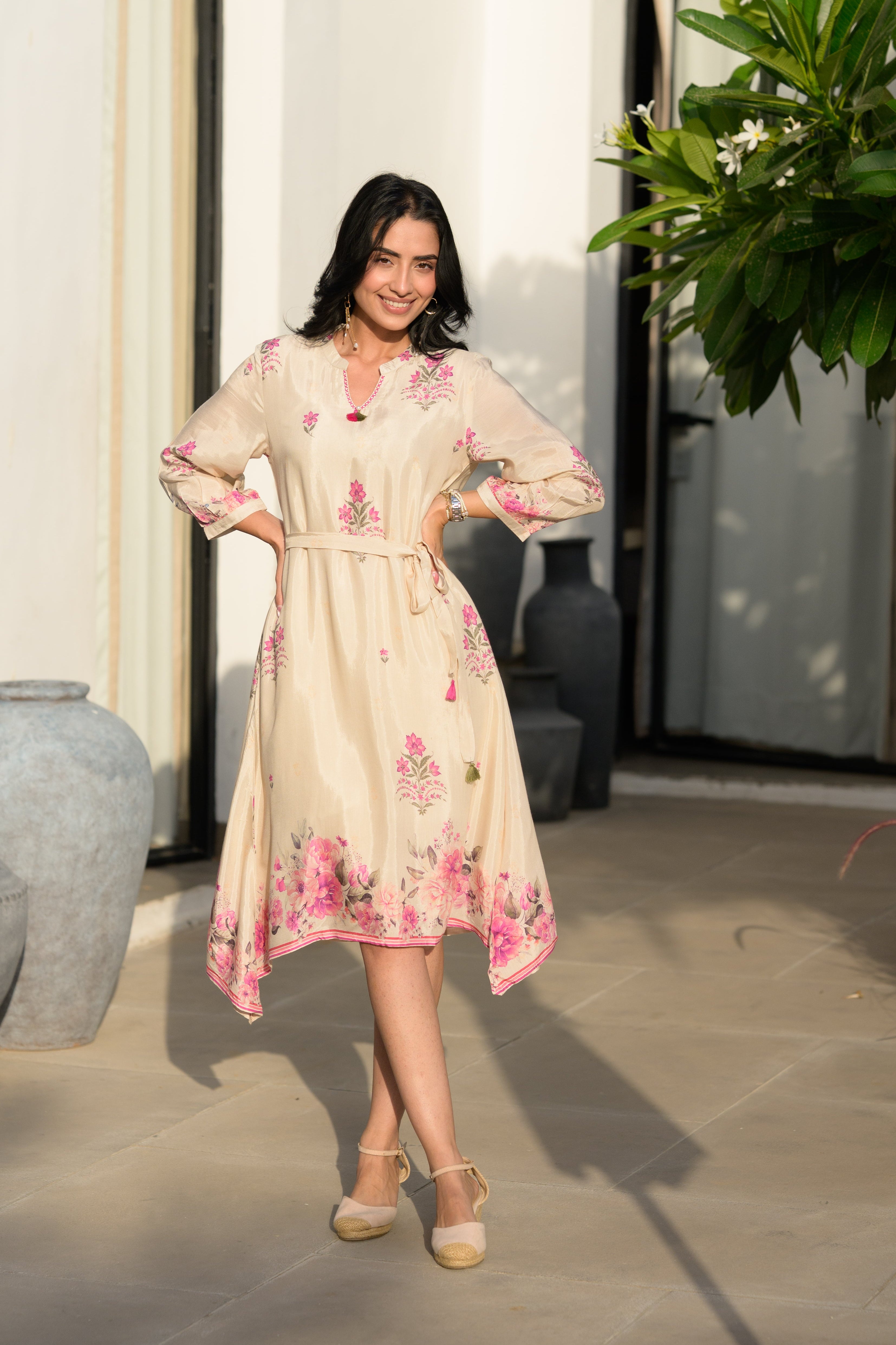 Baagh Cream Floral Print Muslin Dress