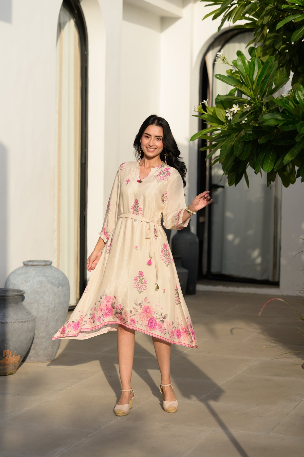 Baagh Cream Floral Print Muslin Dress