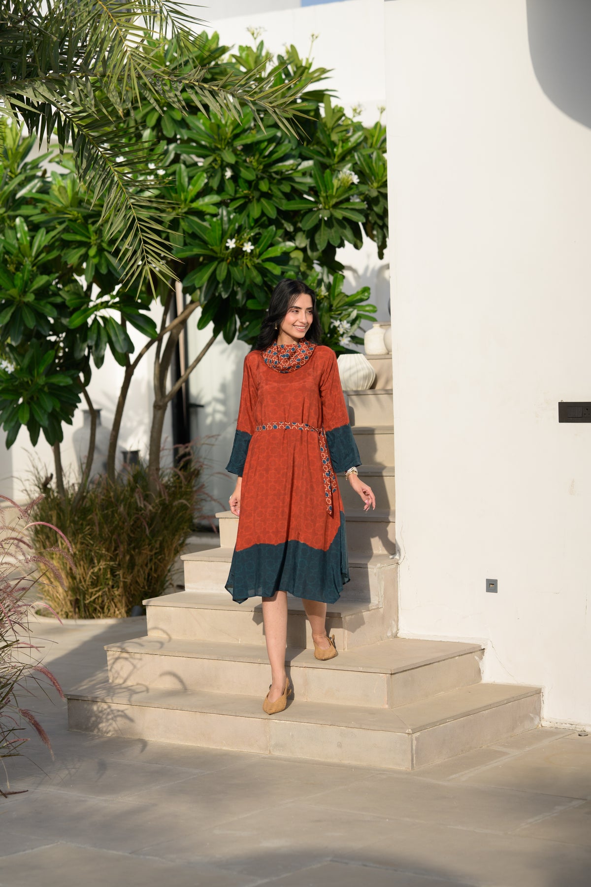 Rust & Teal Ajrakh Panel Muslin Dress