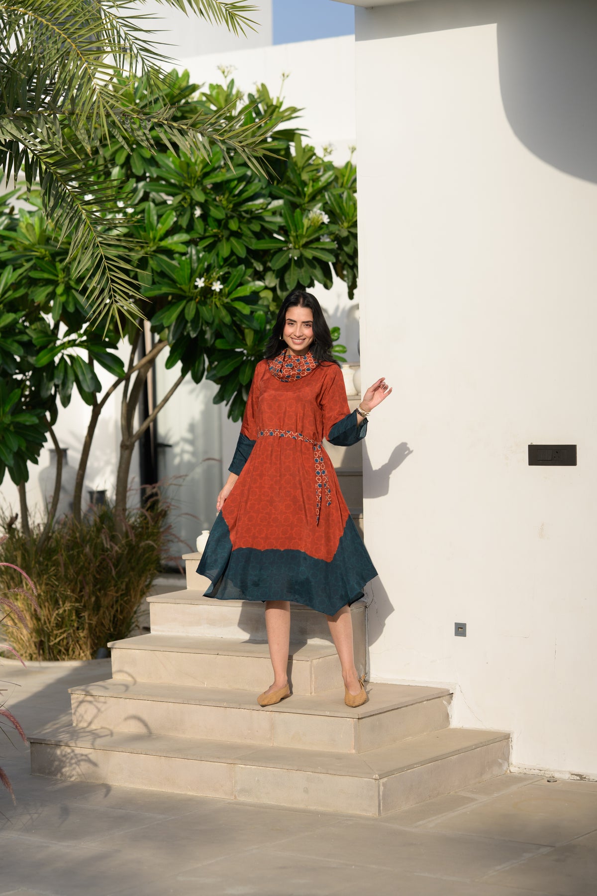 Rust & Teal Ajrakh Panel Muslin Dress