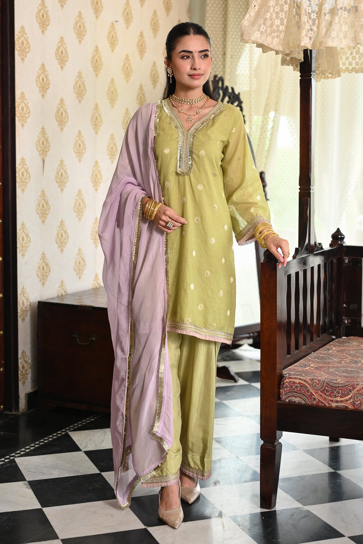 Lime Green with Purpl Banarasi Farshi Salwar Set