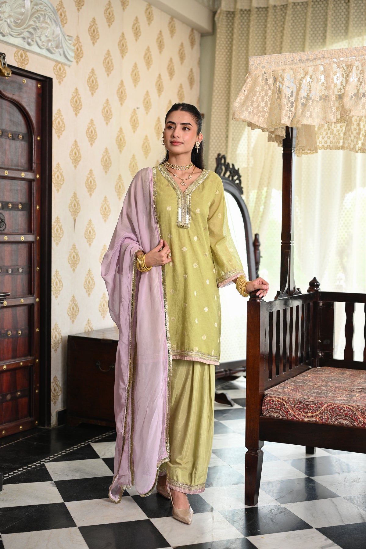 Lime Green with Purpl Banarasi Farshi Salwar Set
