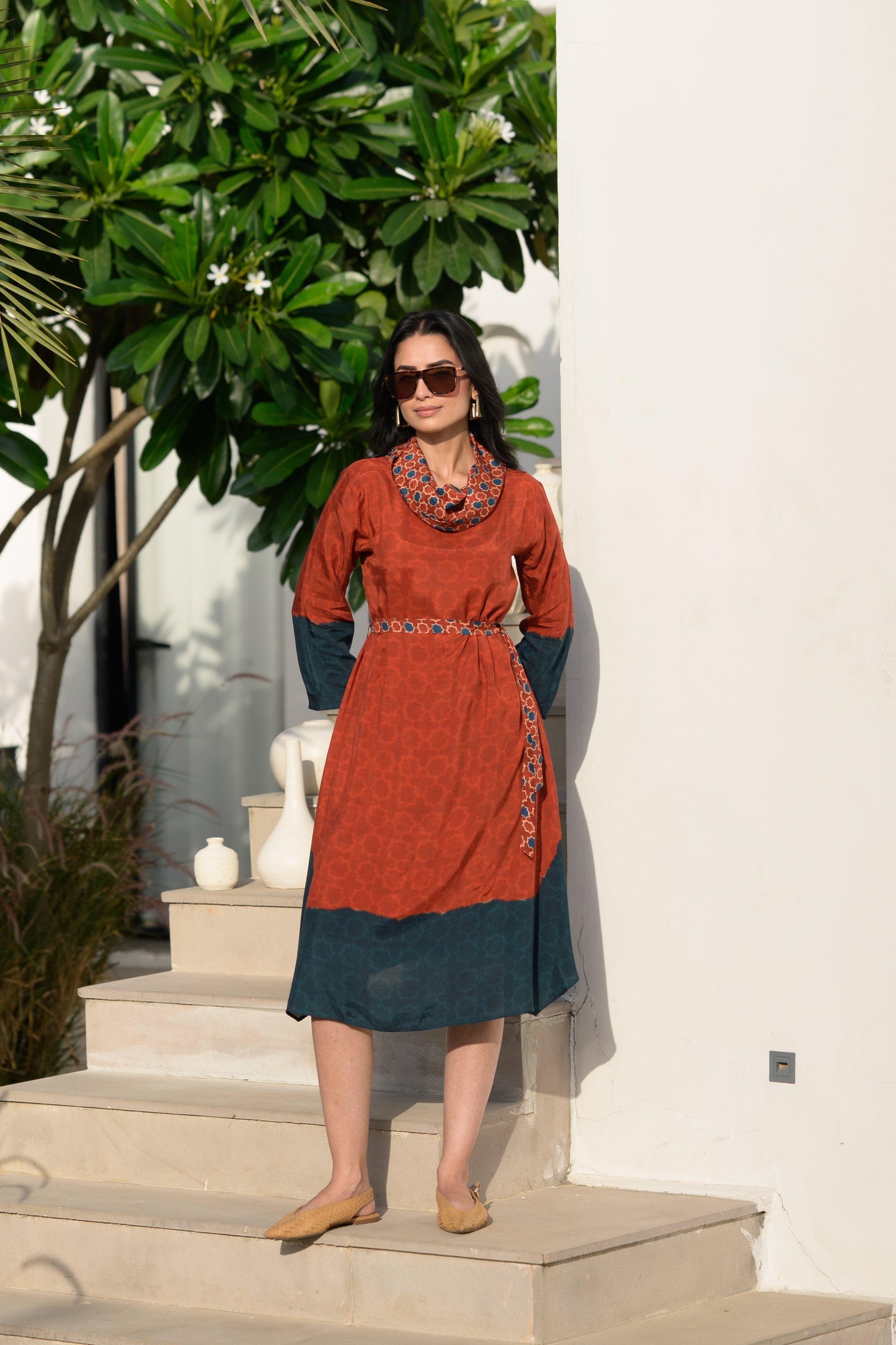 Rust & Teal Ajrakh Panel Muslin Dress