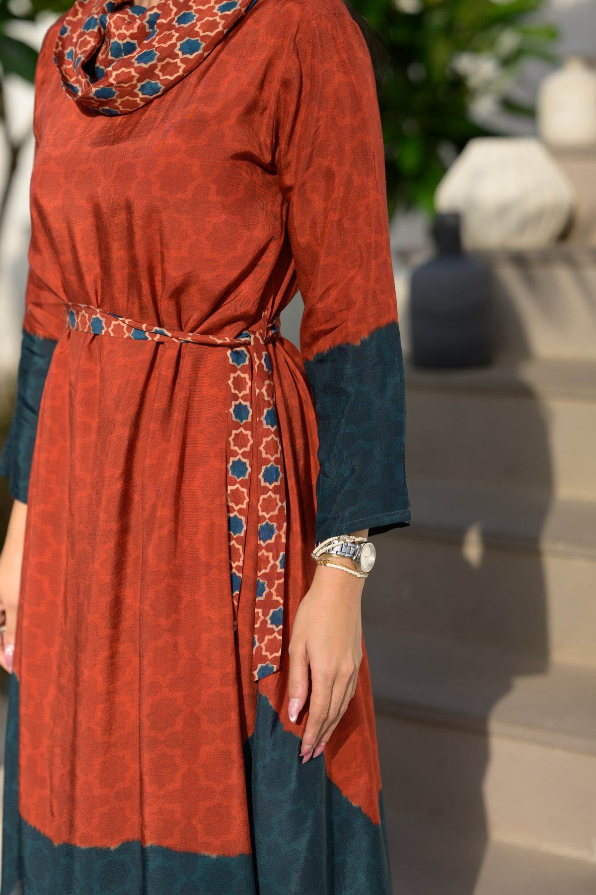 Rust & Teal Ajrakh Panel Muslin Dress