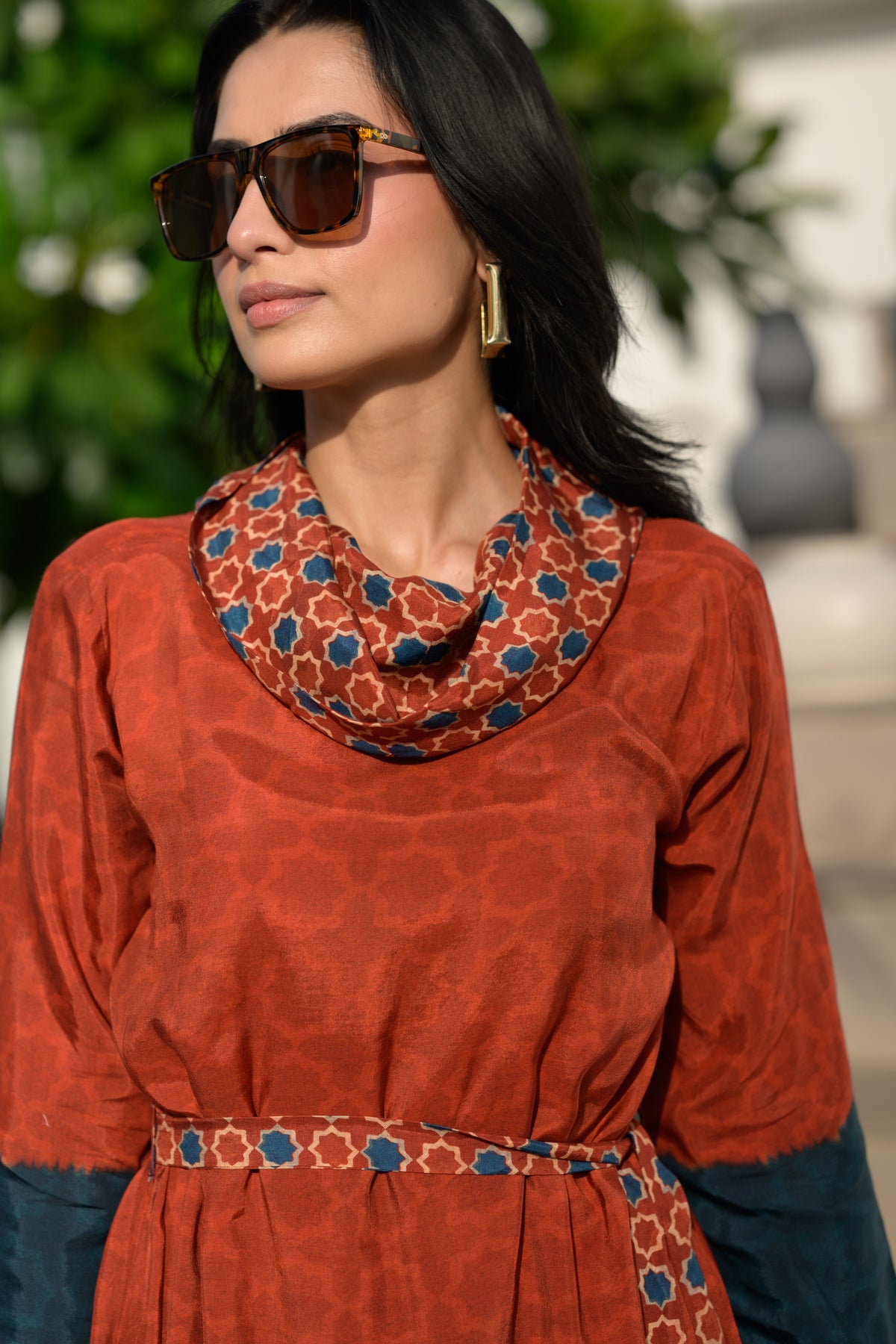 Rust & Teal Ajrakh Panel Muslin Dress