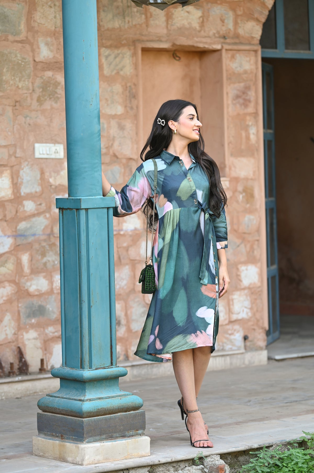 Sacremanto Muslin Summer Dress with Side Slit and Belt