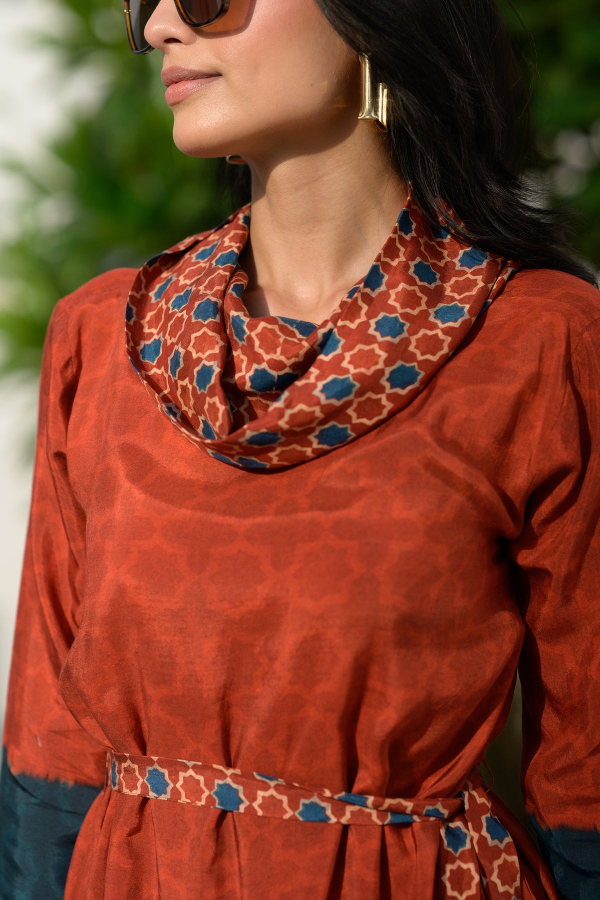 Rust & Teal Ajrakh Panel Muslin Dress