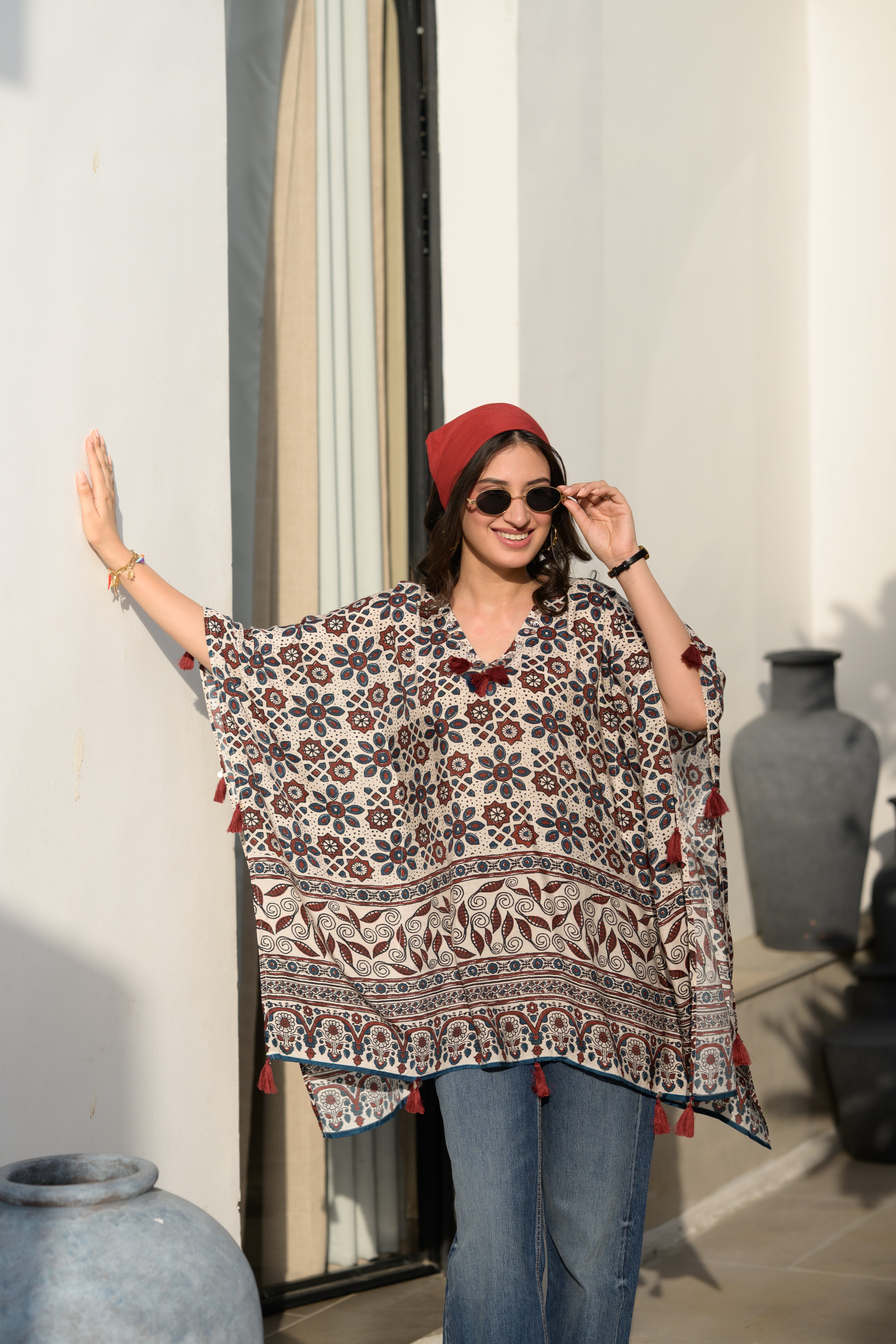 Ivory Indigo Ajrakh Floral Tassel Kaftan