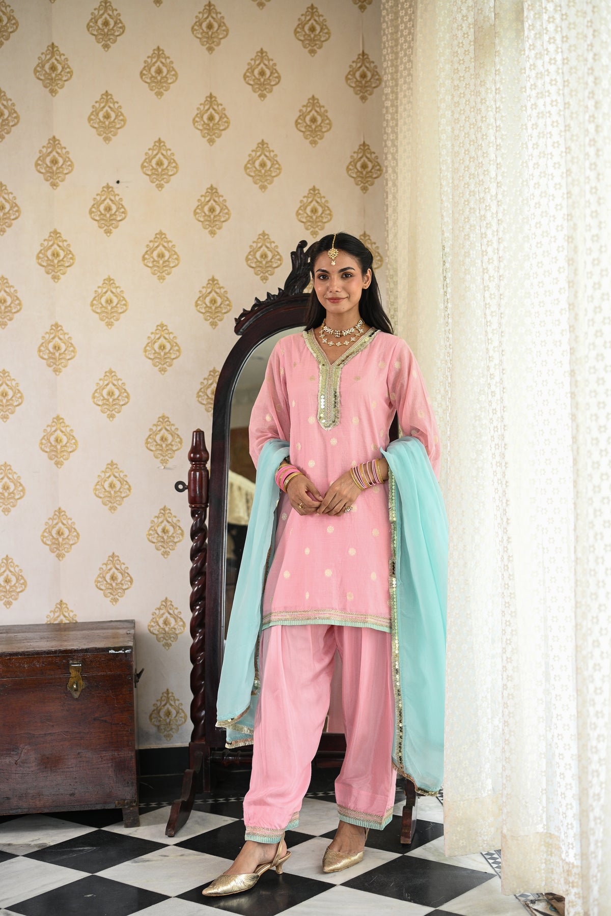 Blush Pink with Powder Blue Banarasi Farshi Salwar Set