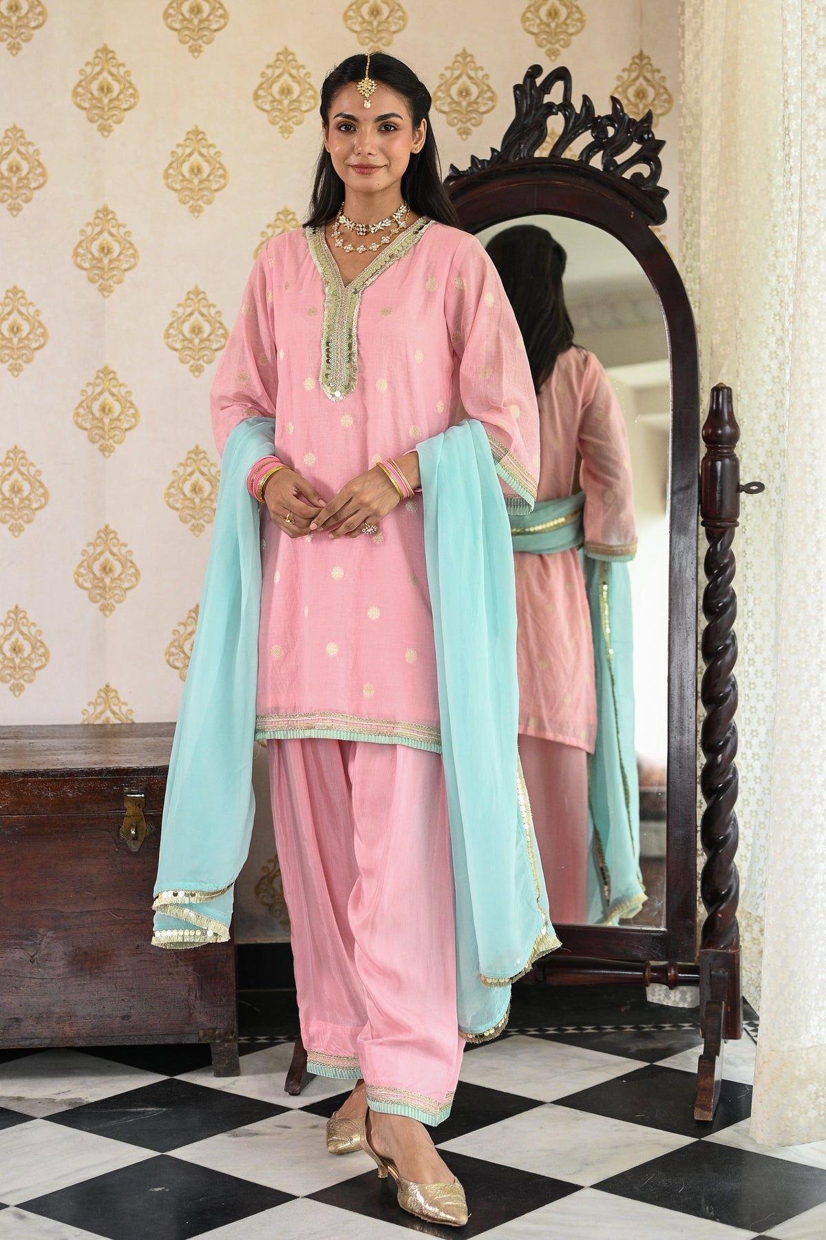 Blush Pink with Powder Blue Banarasi Farshi Salwar Set