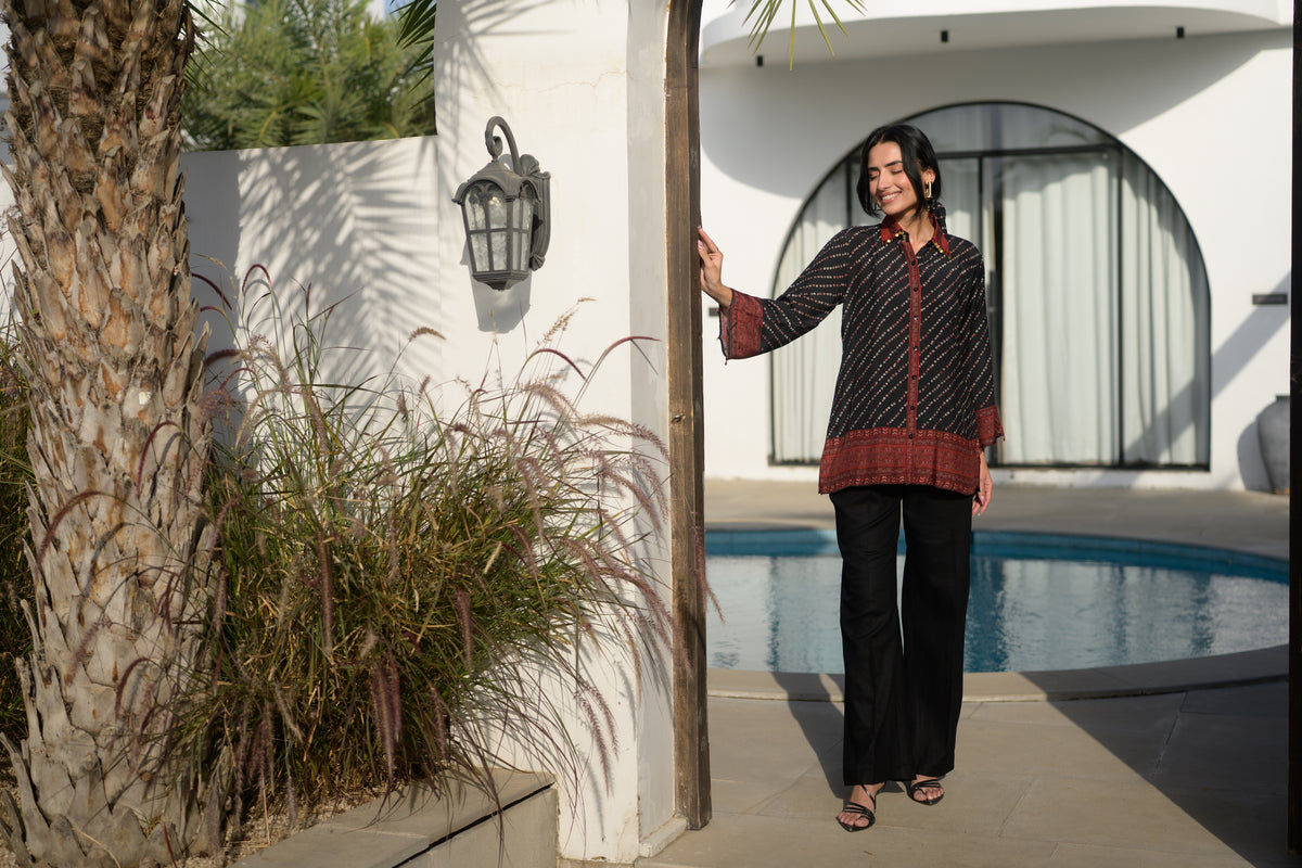 Black and red bandhani muslin shirt