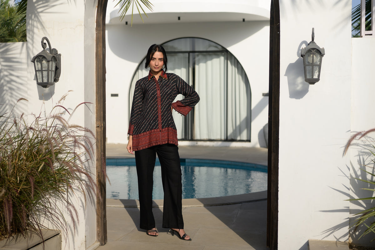 Black and red bandhani muslin shirt