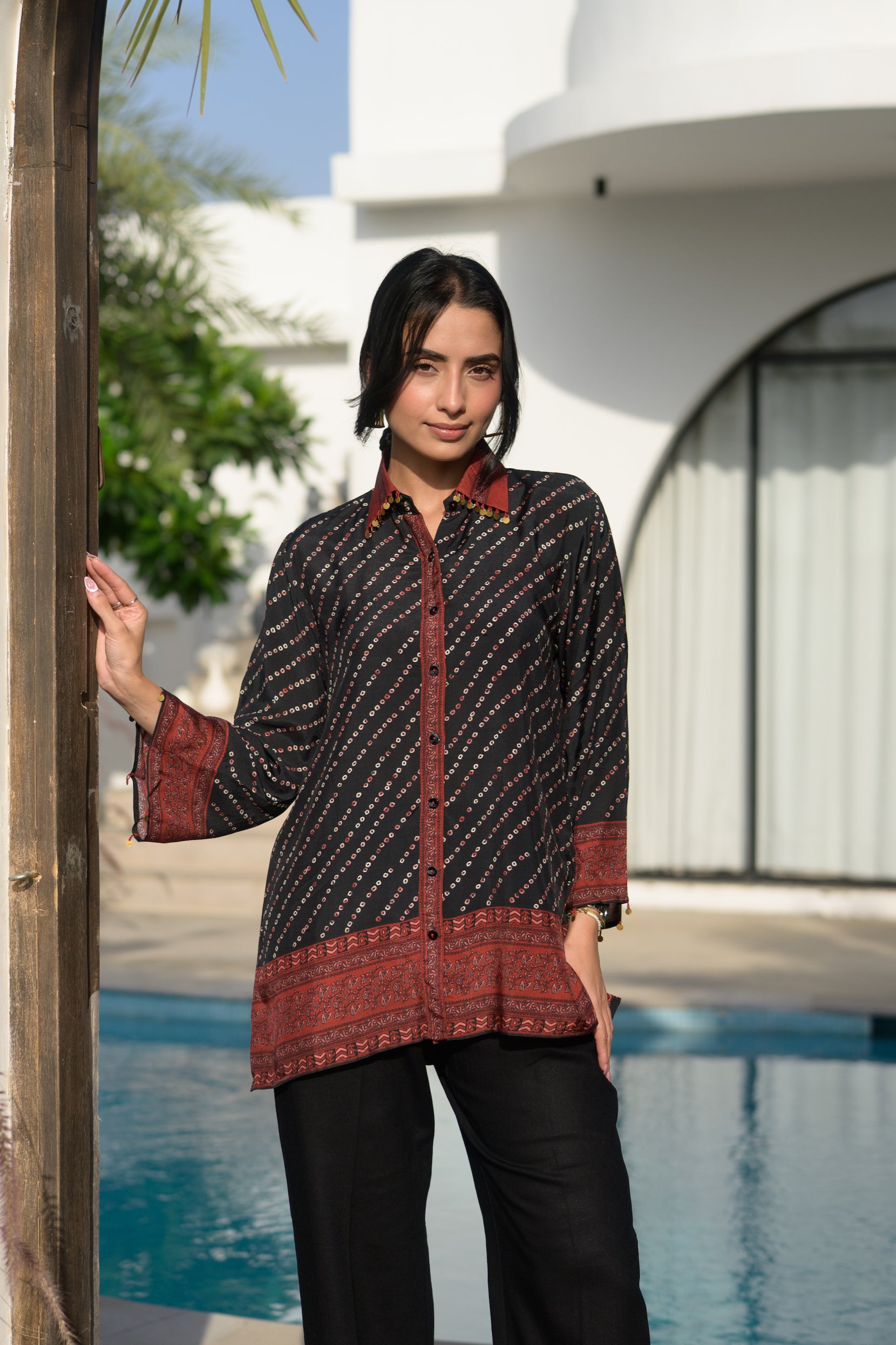 Black and red bandhani muslin shirt