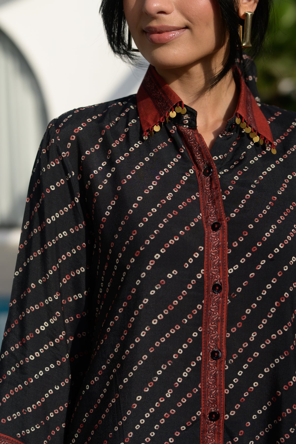 Black and red bandhani muslin shirt