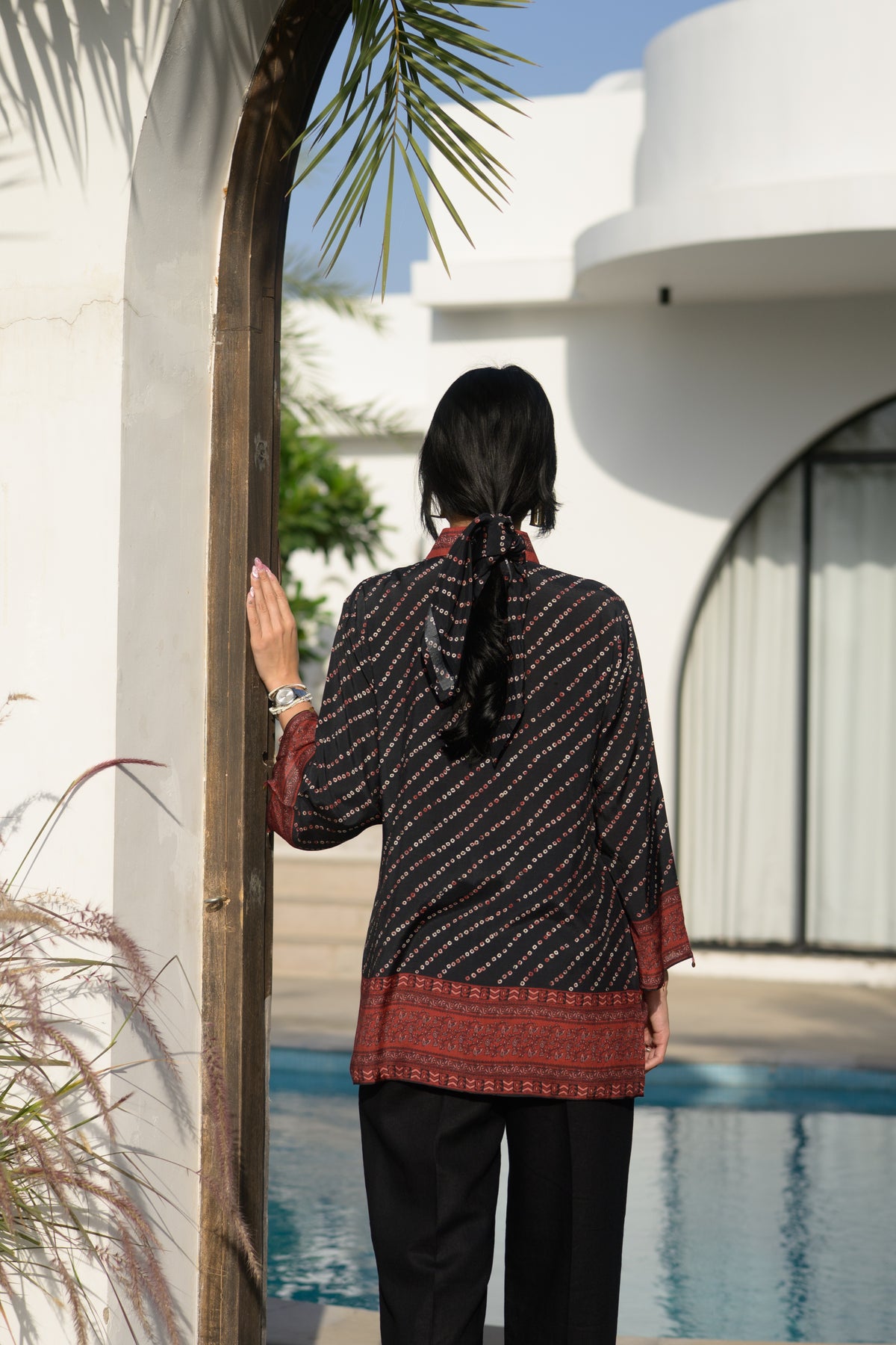 Black and red bandhani muslin shirt