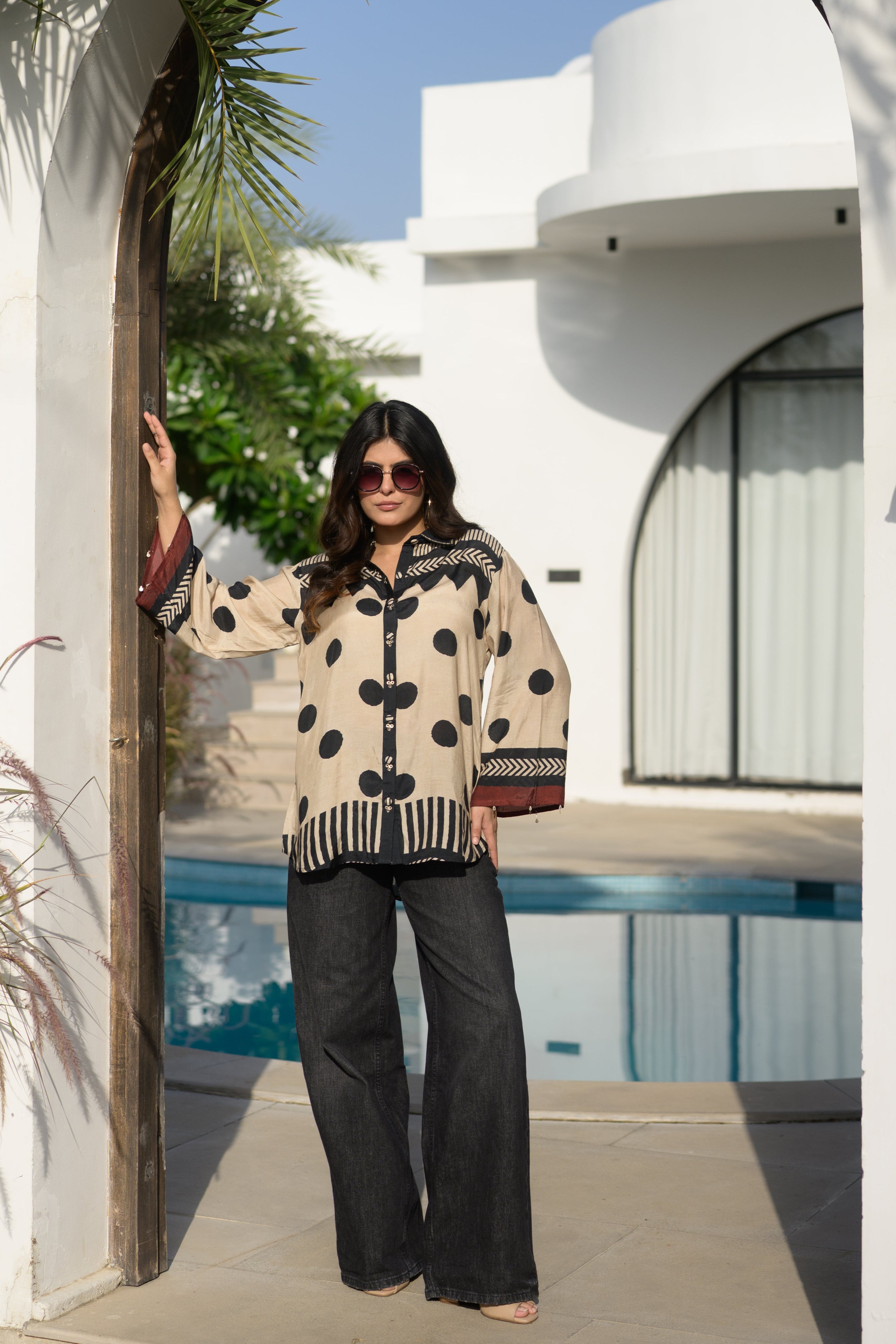 Black & Beige Polka Dot Hand Block Print Shirt