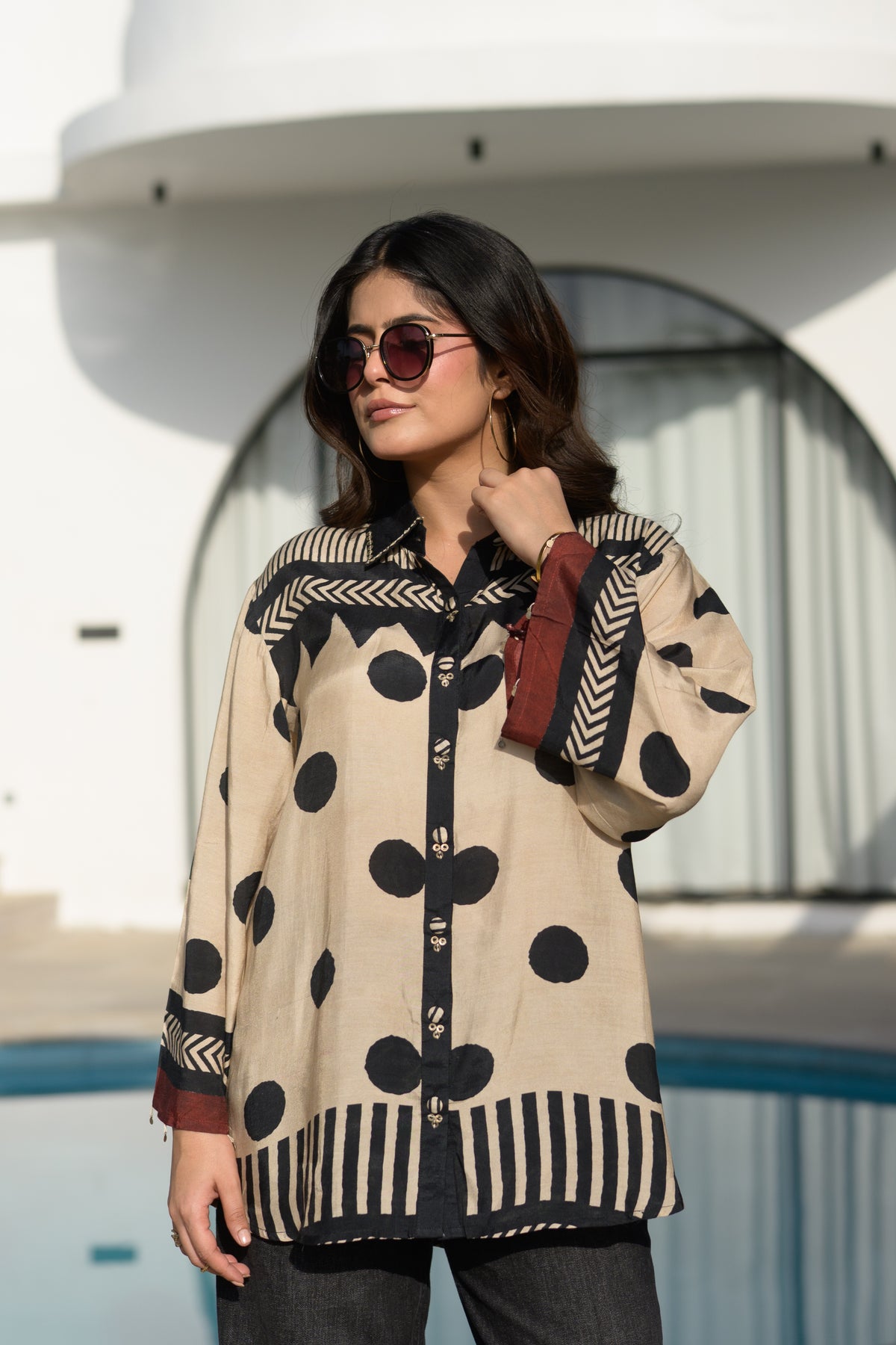 Black & Beige Polka Dot Hand Block Print Shirt