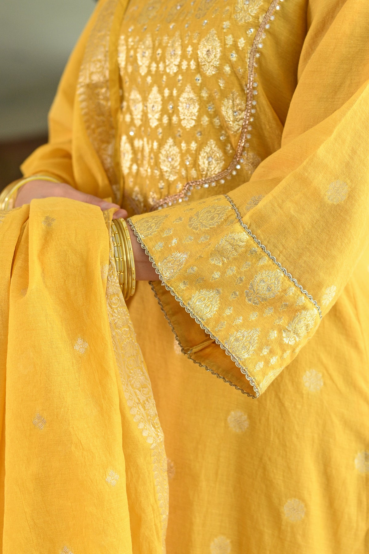 Yellow Banarsi Mul Chanderi Suit Set