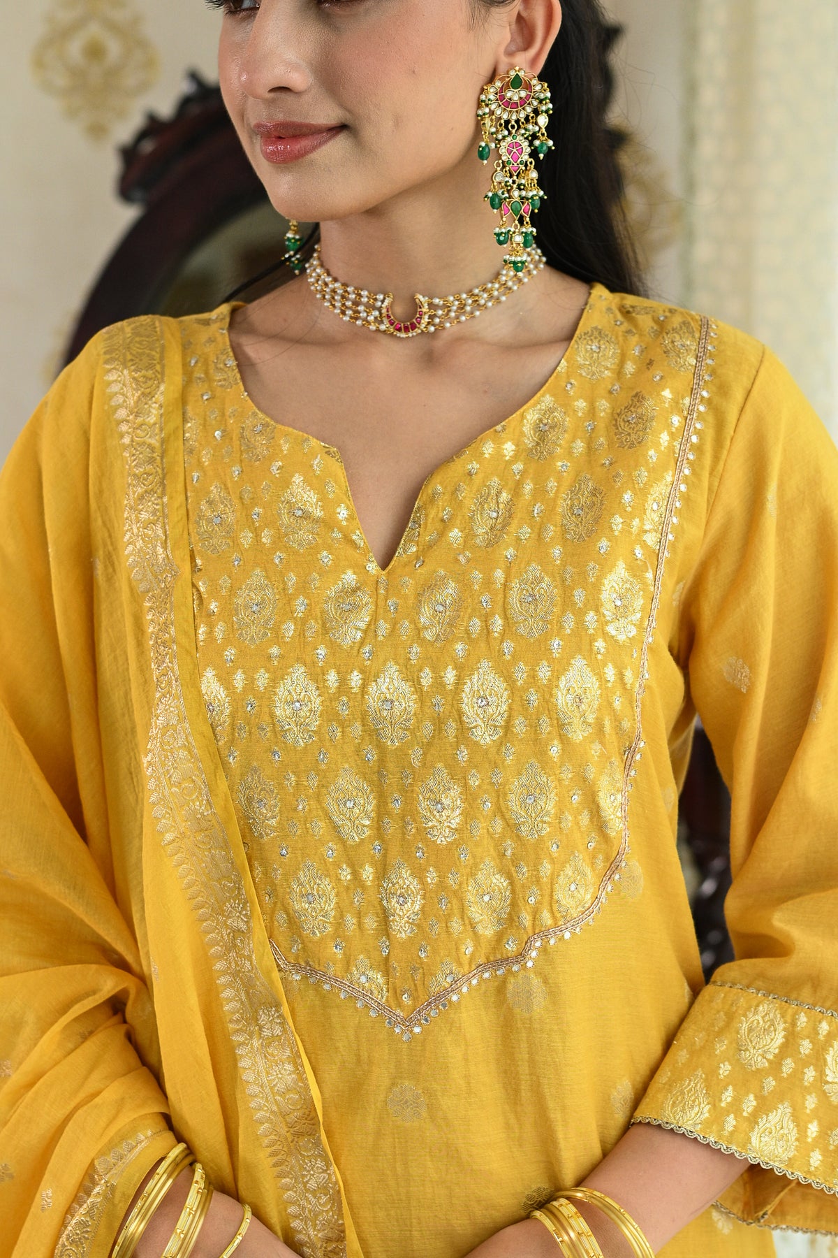 Yellow Banarsi Mul Chanderi Suit Set