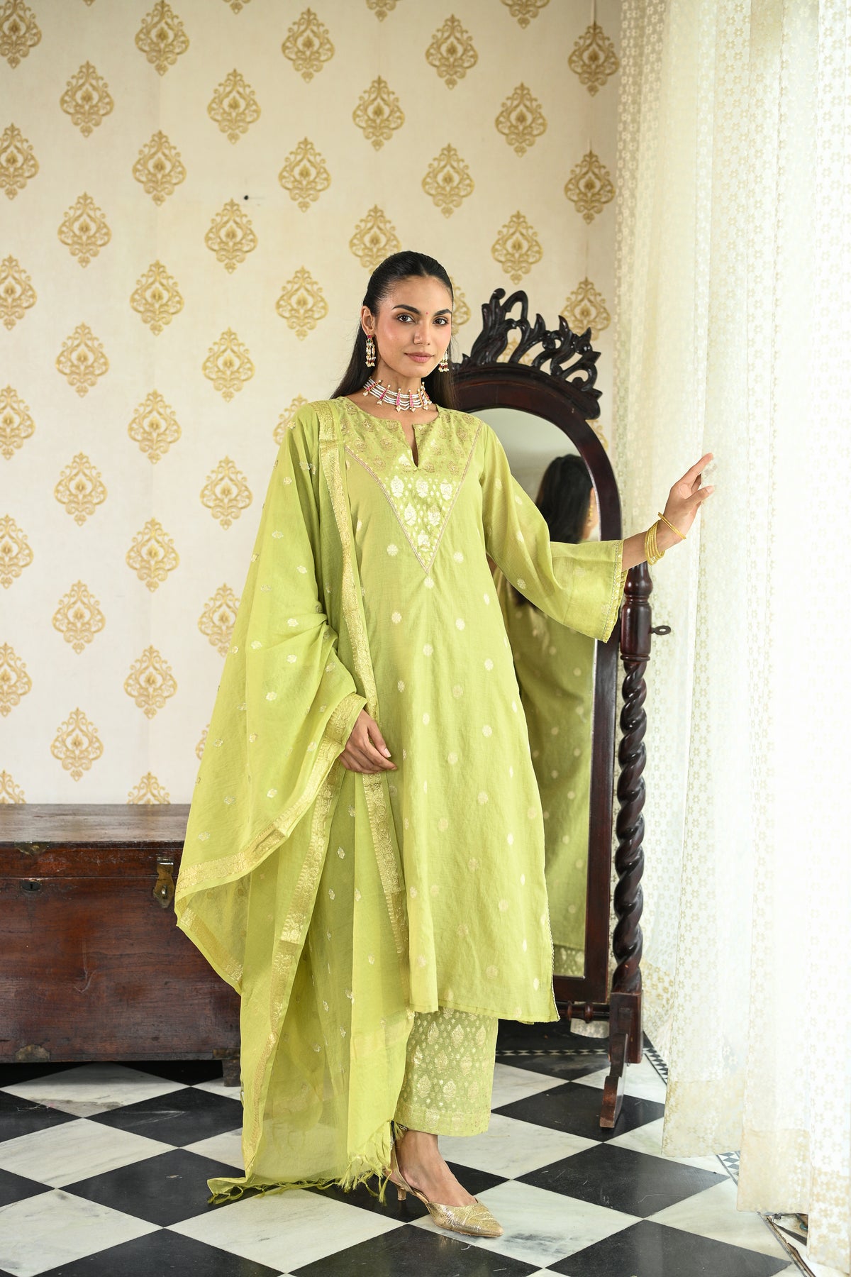Lime Green Banarsi Mul Chanderi Suit Set