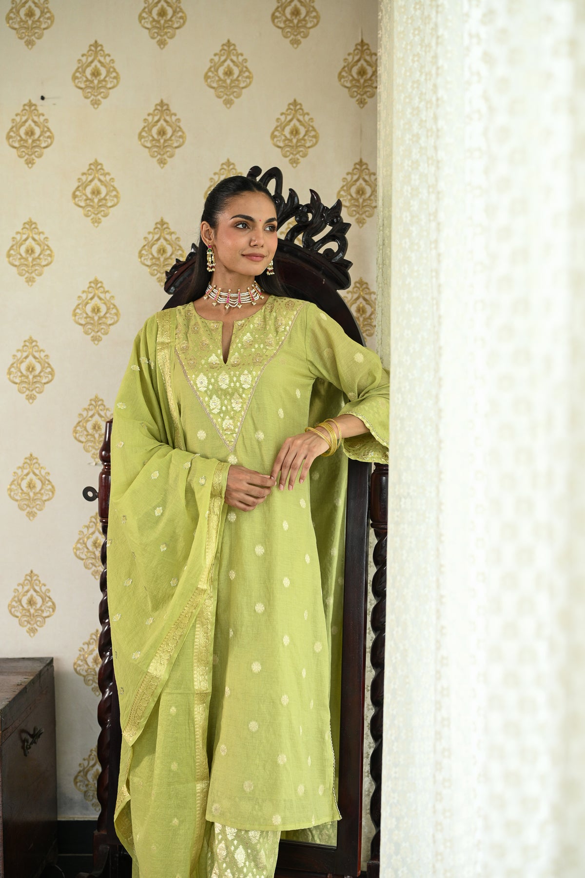 Lime Green Banarsi Mul Chanderi Suit Set