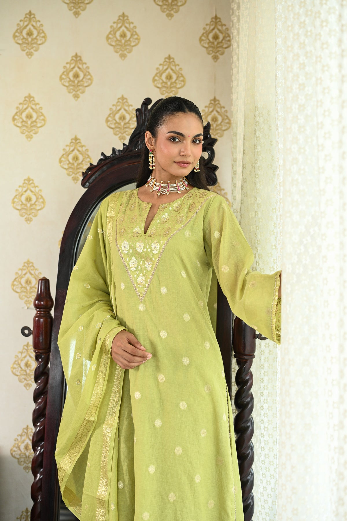 Lime Green Banarsi Mul Chanderi Suit Set