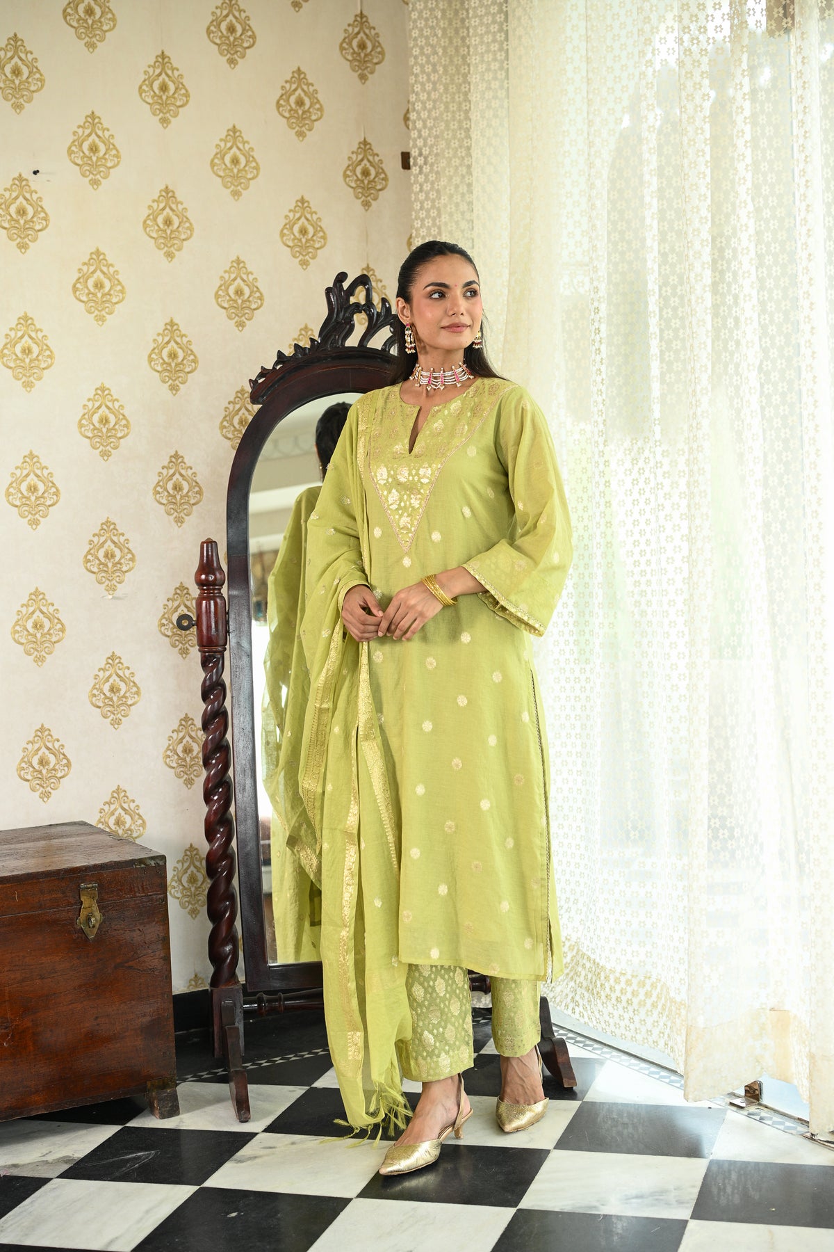 Lime Green Banarsi Mul Chanderi Suit Set
