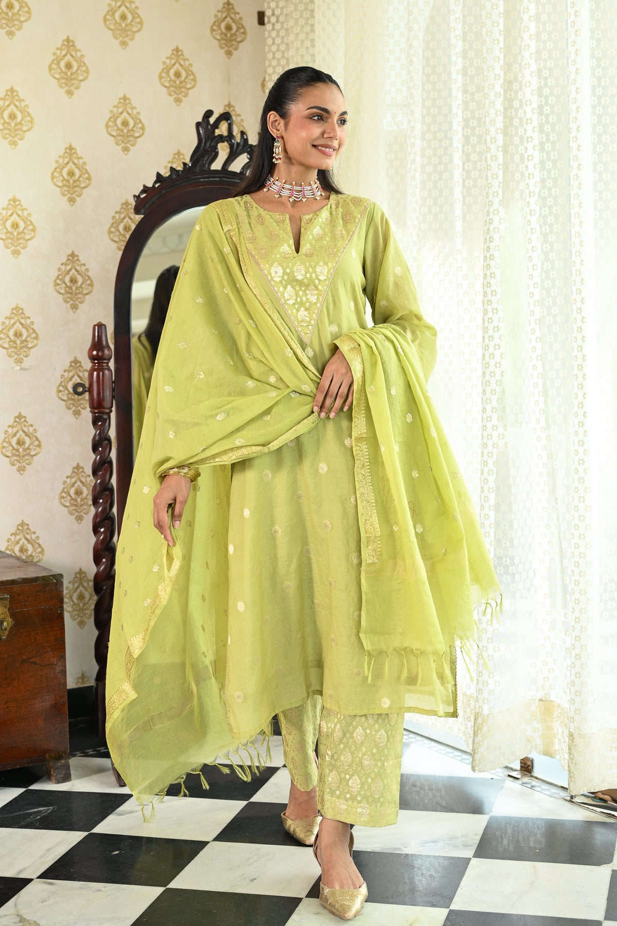 Lime Green Banarsi Mul Chanderi Suit Set