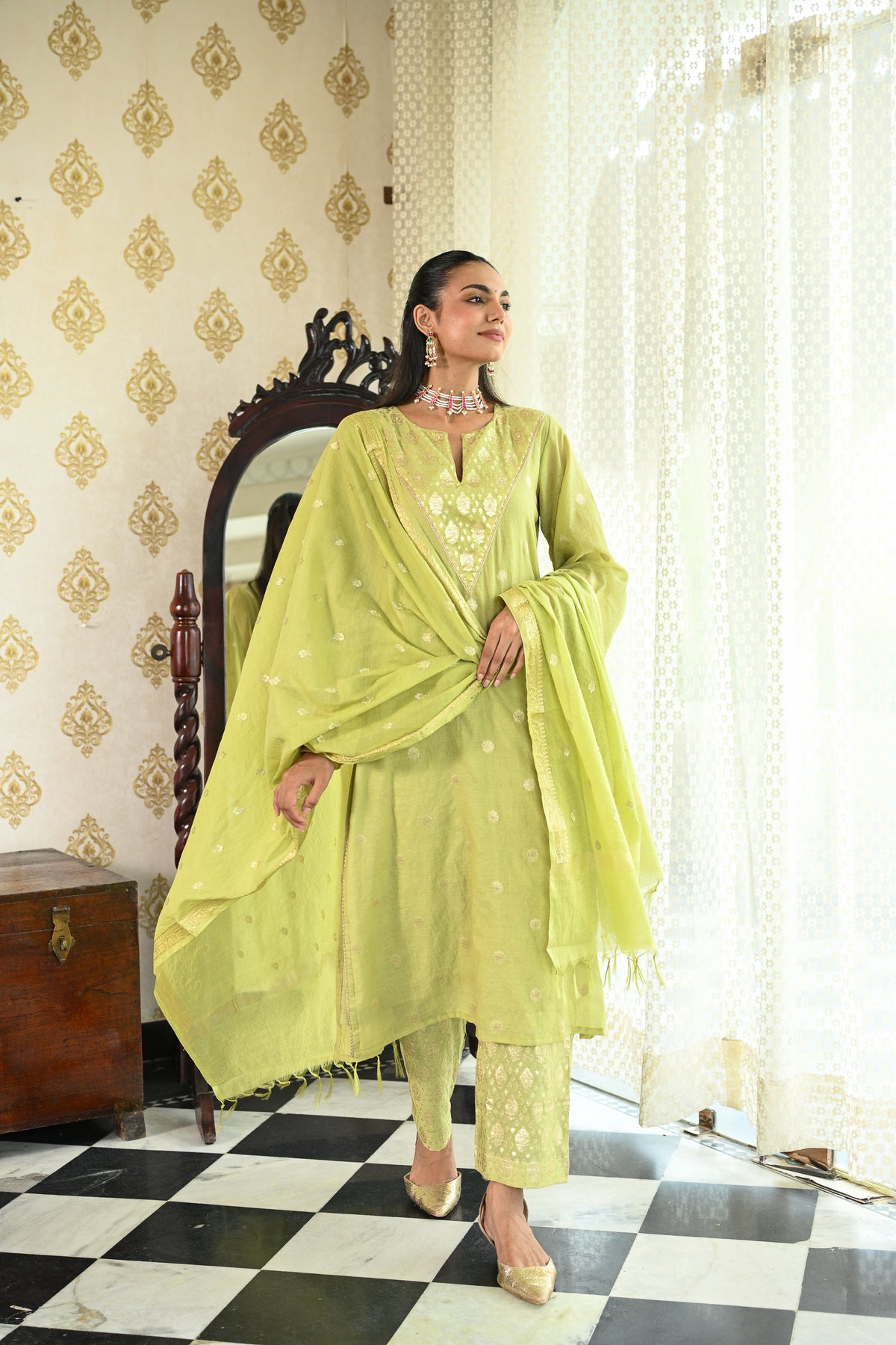Lime Green Banarsi Mul Chanderi Suit Set