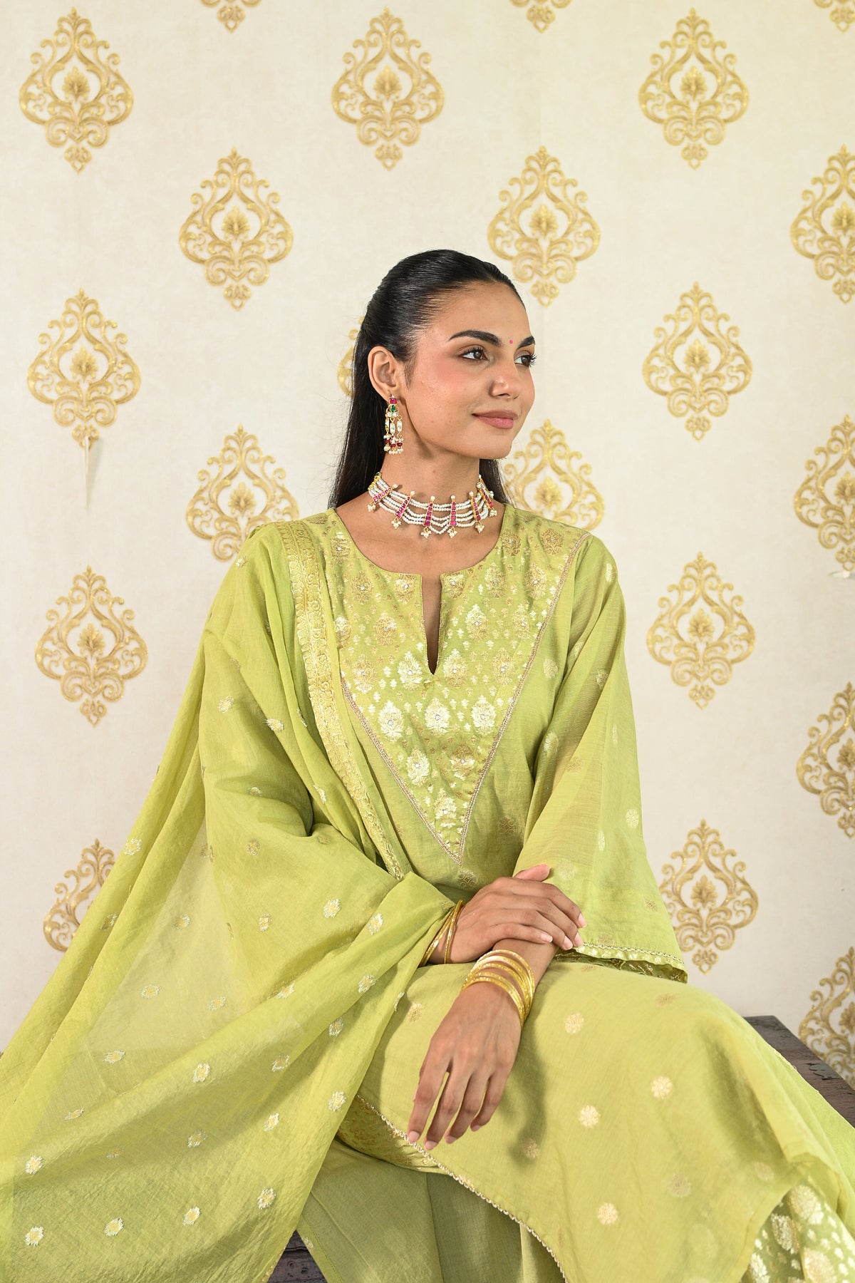 Lime Green Banarsi Mul Chanderi Suit Set