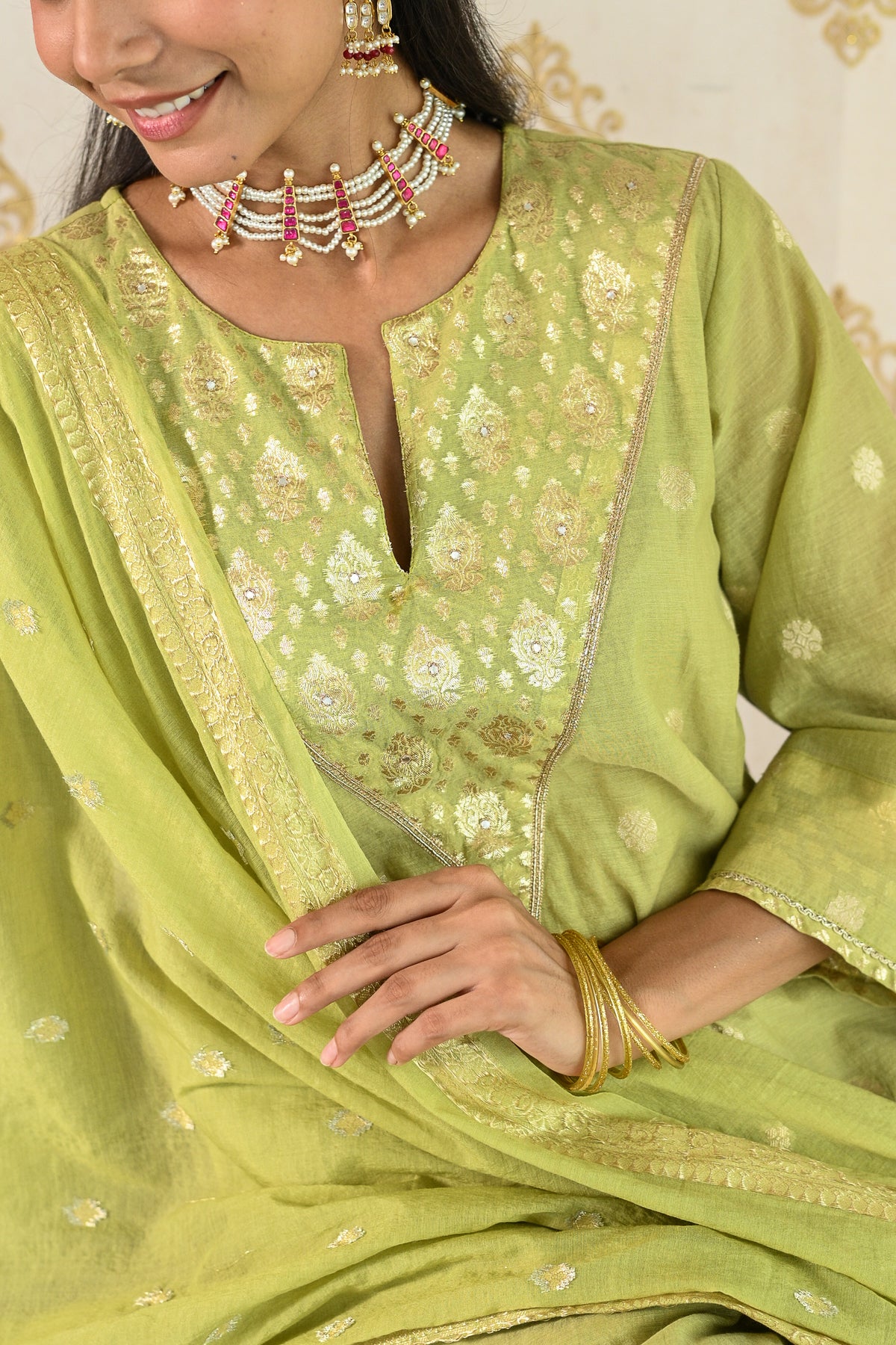 Lime Green Banarsi Mul Chanderi Suit Set