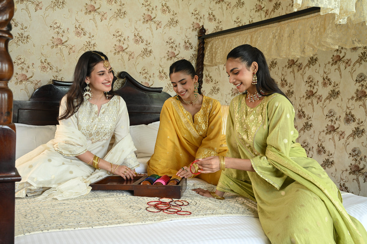 Lime Green Banarsi Mul Chanderi Suit Set
