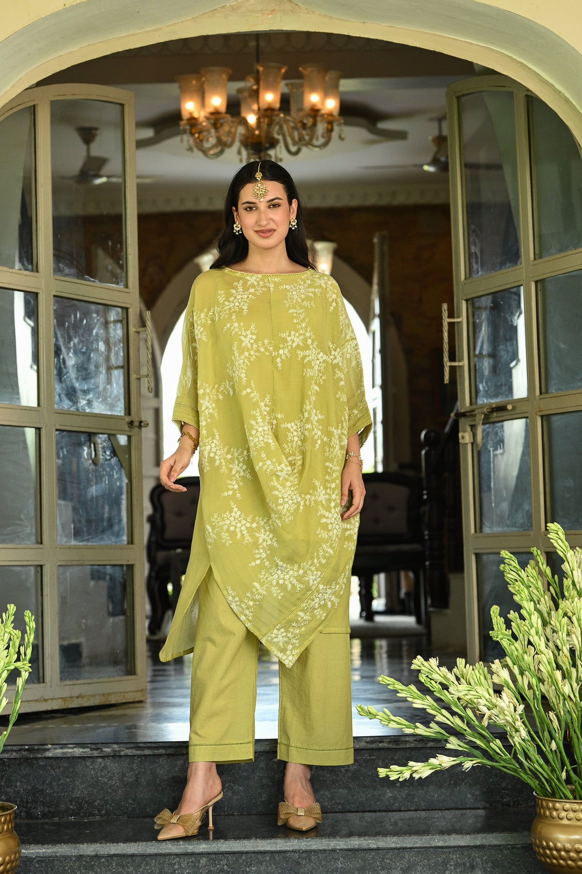 Lime Green Thread Embroidered Cowl Pattern Kurta Set