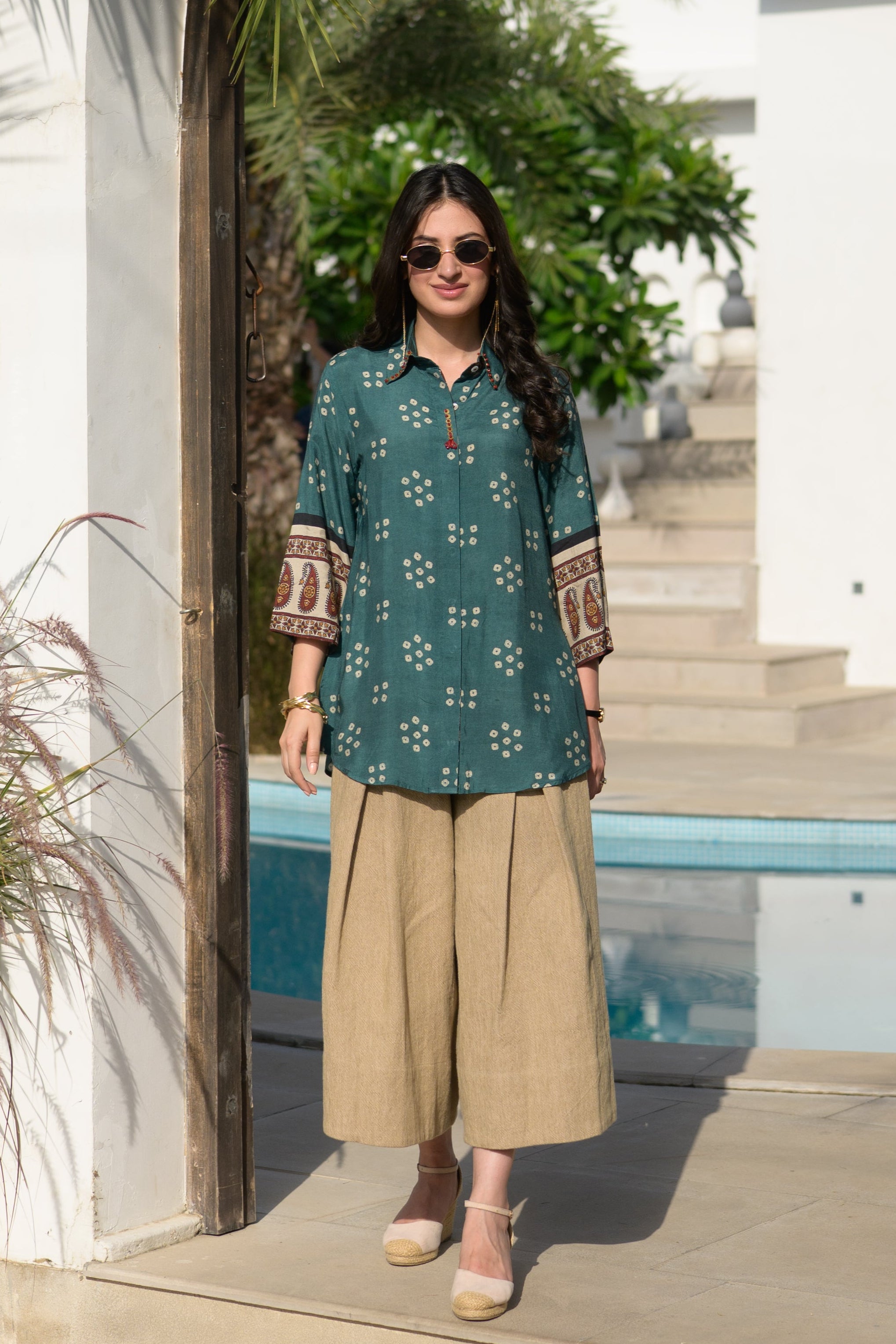 Teal Green Bandhani Paisley Sleeve Kurta Shirt