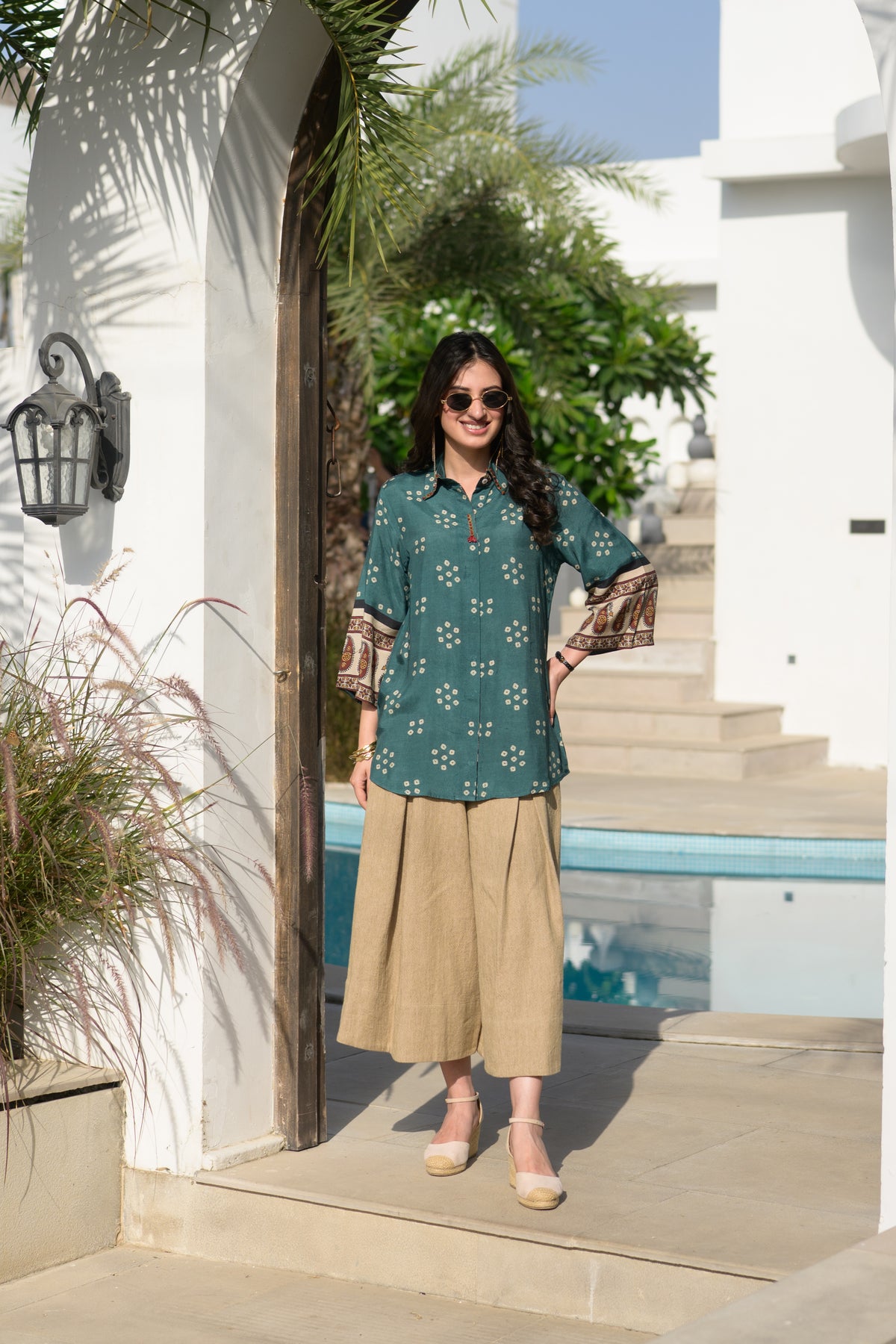 Teal Green Bandhani Paisley Sleeve Kurta Shirt