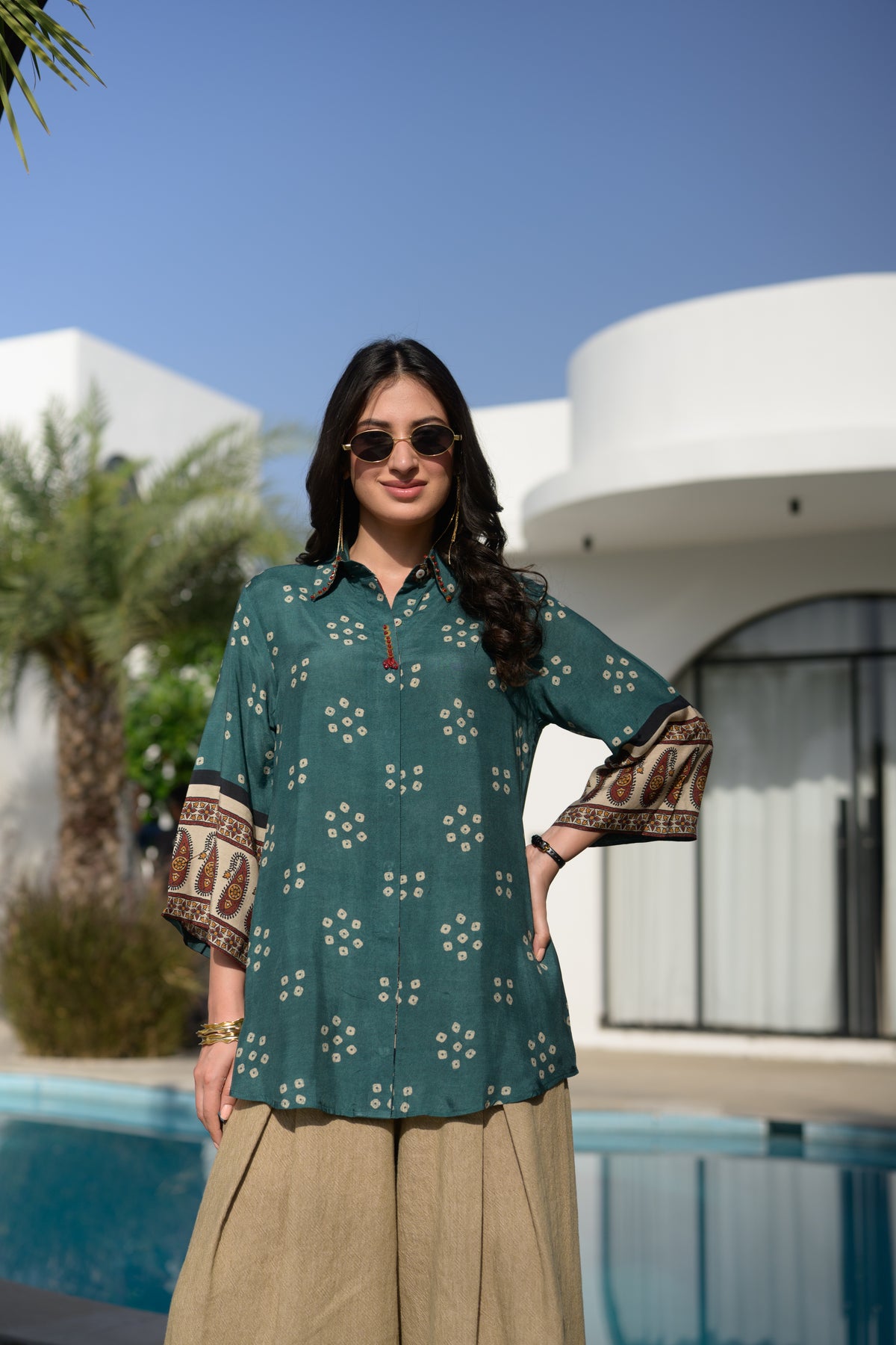 Teal Green Bandhani Paisley Sleeve Kurta Shirt