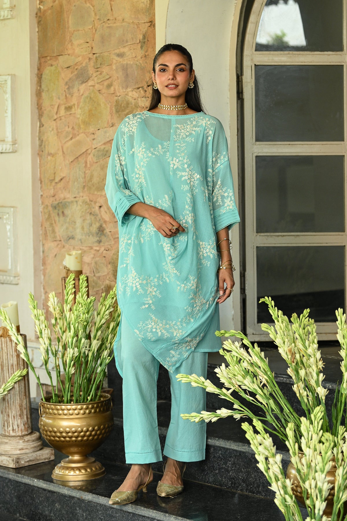 Aqua Blue Thread Embroidered Cowl Pattern Kurta Set