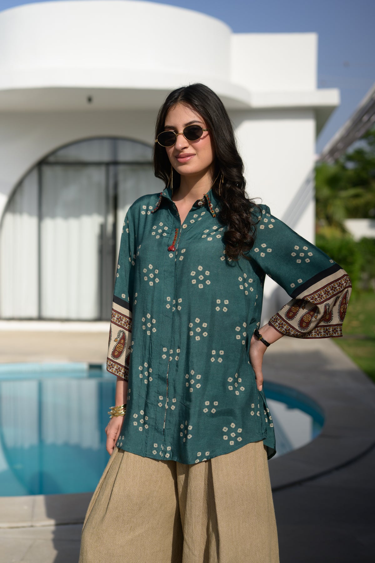 Teal Green Bandhani Paisley Sleeve Kurta Shirt
