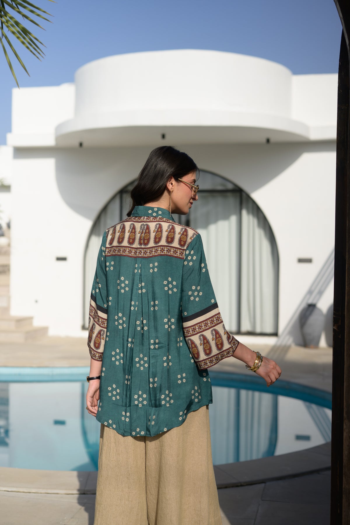 Teal Green Bandhani Paisley Sleeve Kurta Shirt