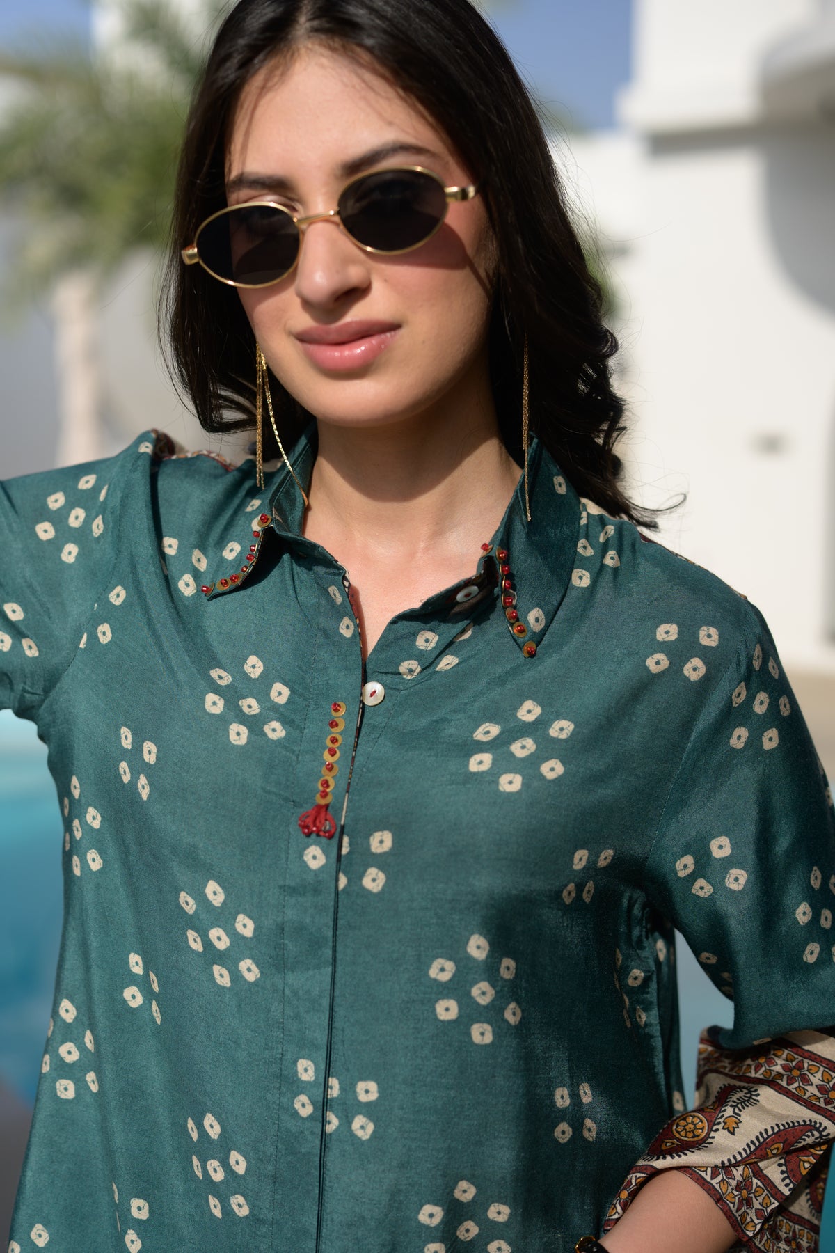 Teal Green Bandhani Paisley Sleeve Kurta Shirt