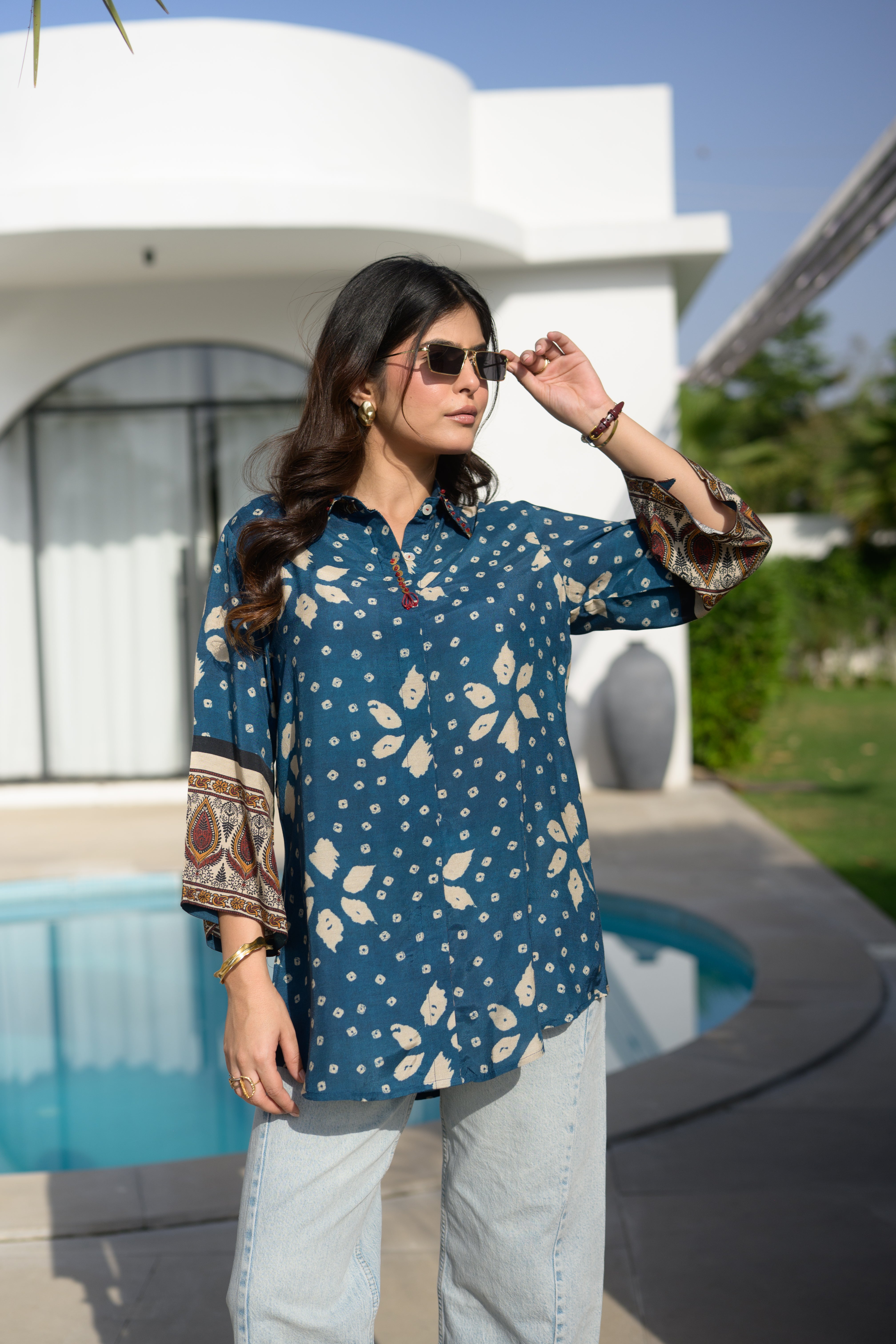 Indigo Bandhani Paisley Cuff Kurta Shirt