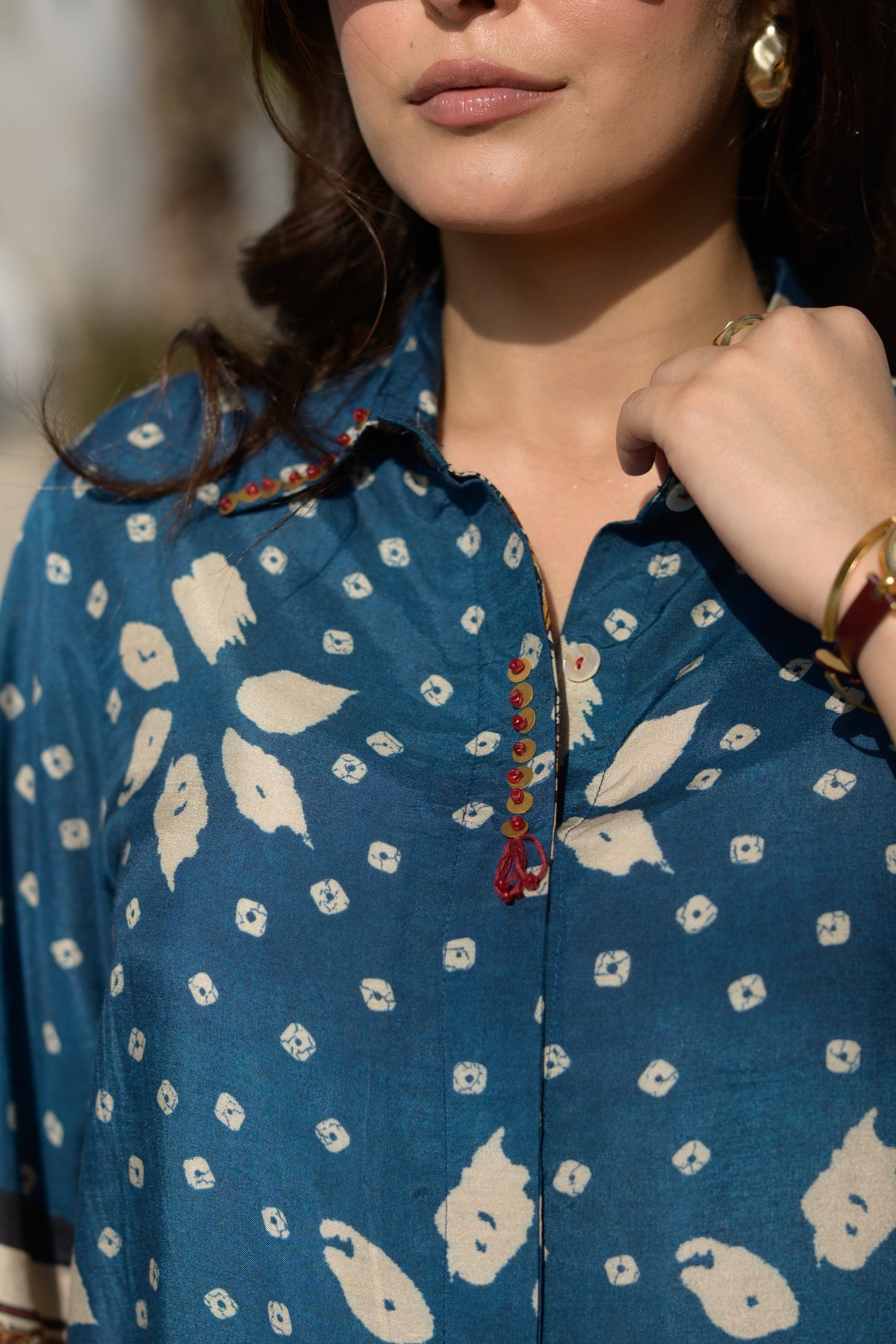 Indigo Bandhani Paisley Cuff Kurta Shirt
