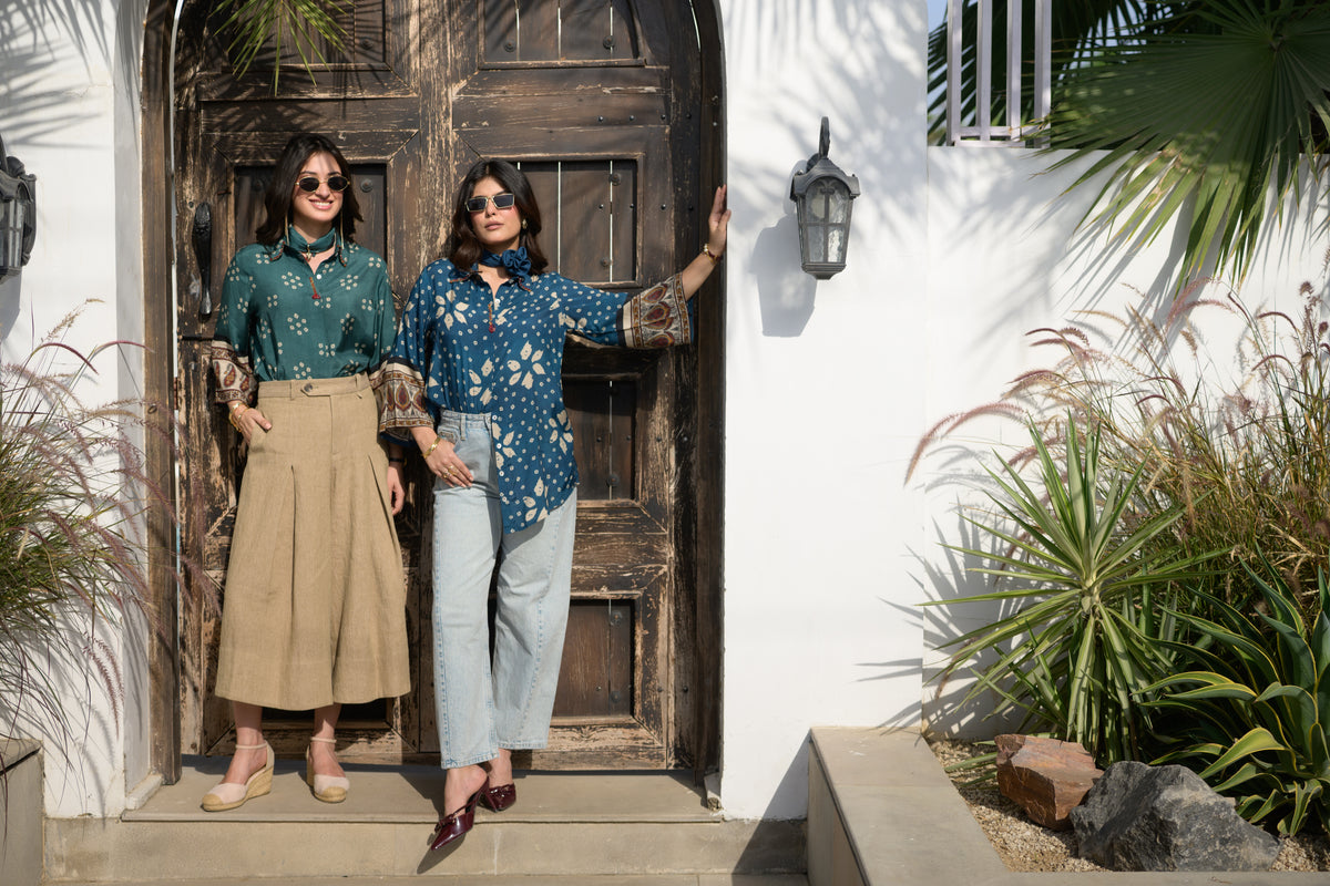 Indigo Bandhani Paisley Cuff Kurta Shirt