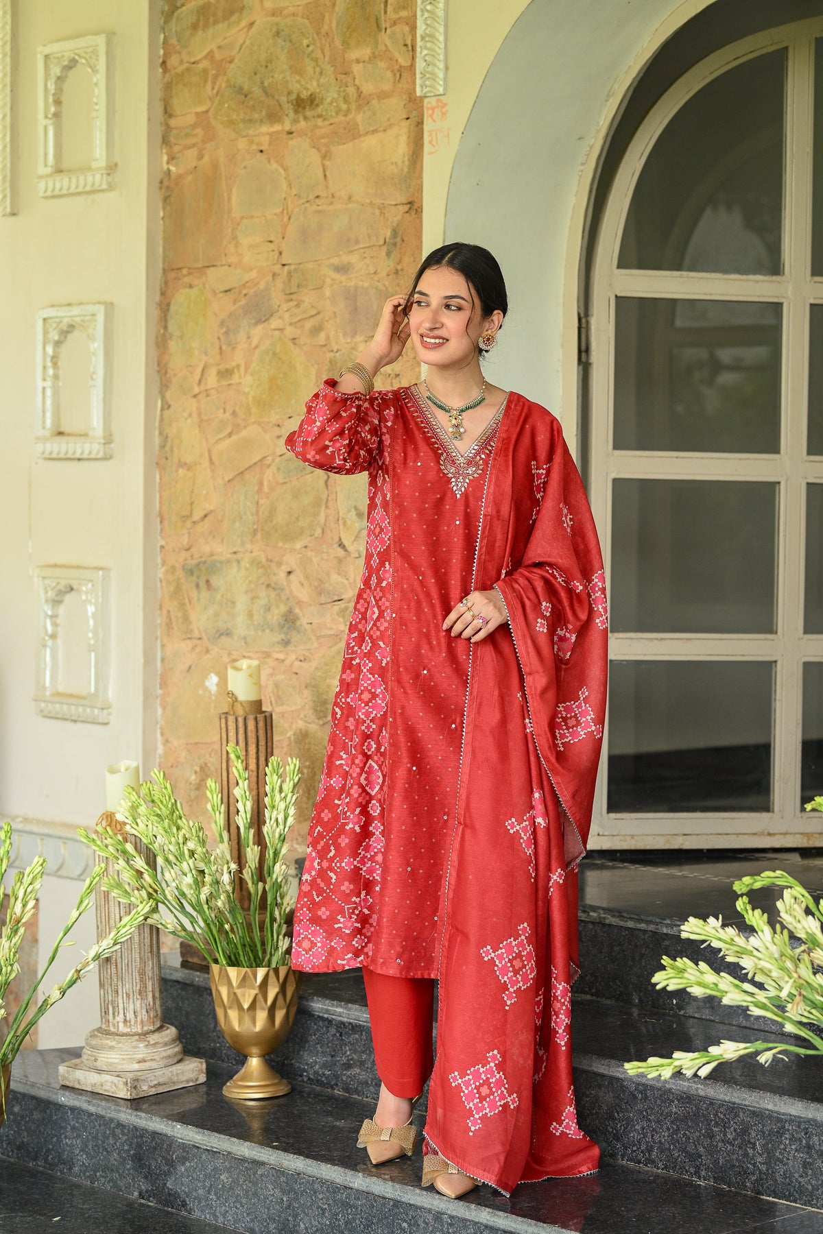 Red Patola with Gota Work Chanderi Suit Set