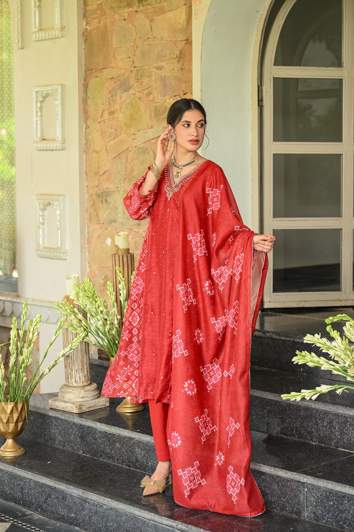 Red Patola with Gota Work Chanderi Suit Set