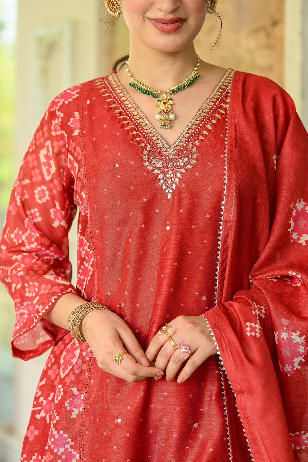 Red Patola with Gota Work Chanderi Suit Set