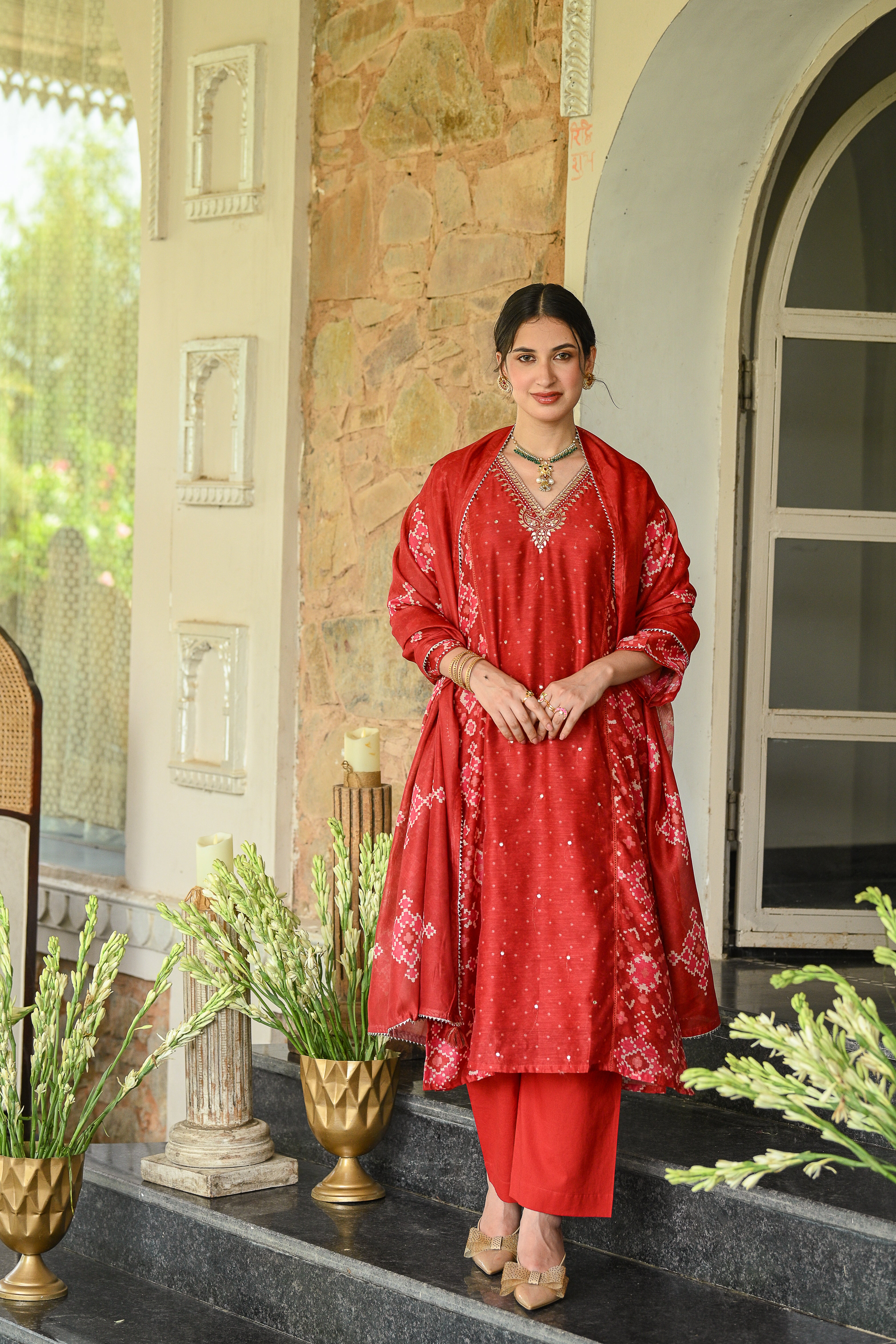 Red Patola with Gota Work Chanderi Suit Set